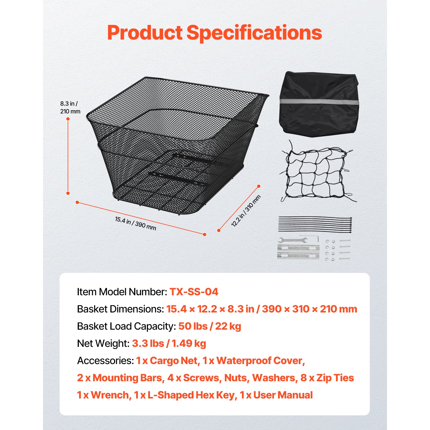 Rear Bike Basket Wire Mesh Bicycle Basket with Cargo Net Waterproof Cover