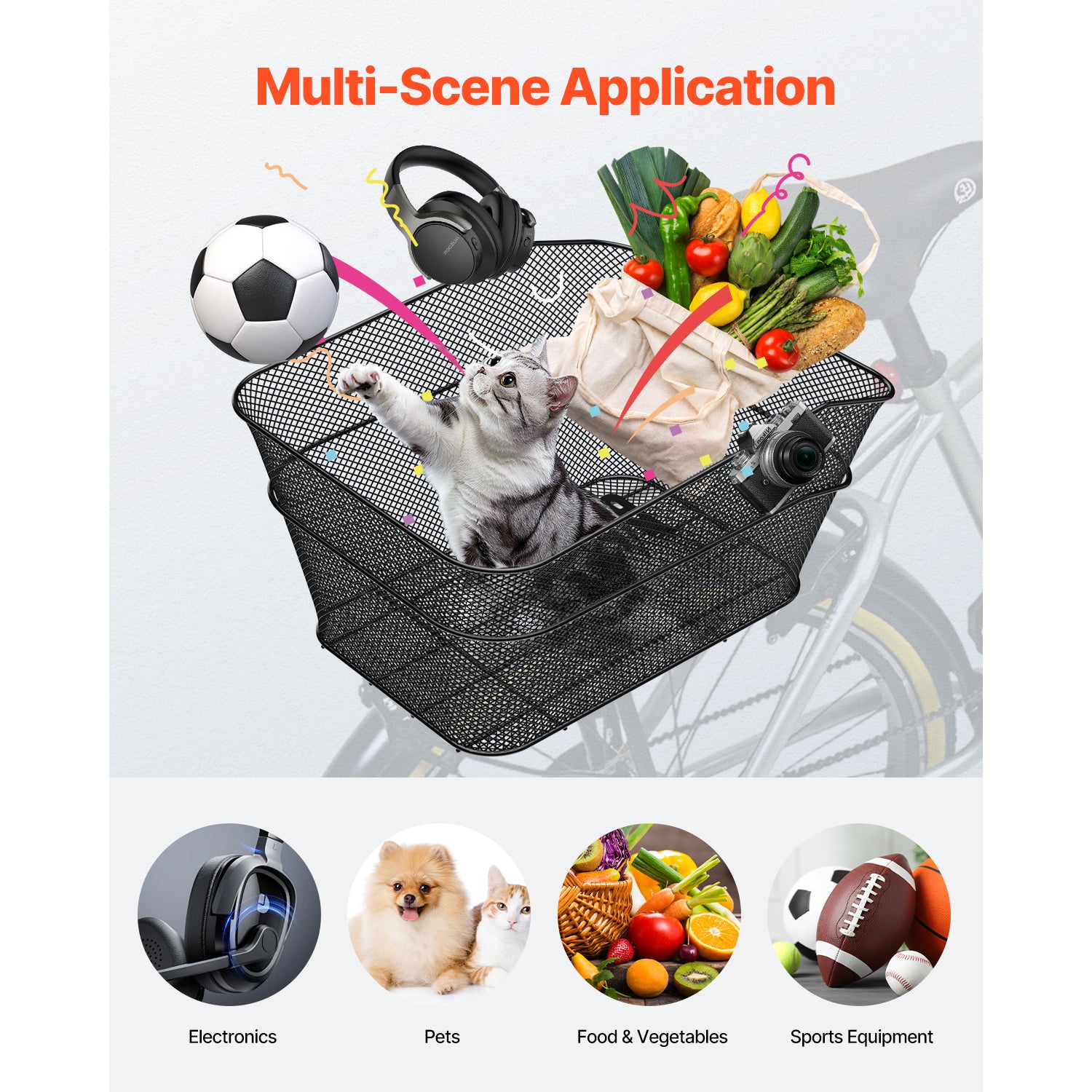 Rear Bike Basket Wire Mesh Bicycle Basket with Cargo Net Waterproof Cover