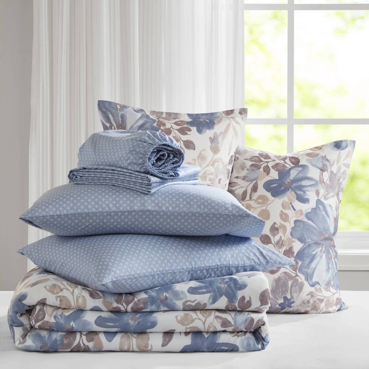 Floral Comforter Set with Bed Sheets Blue Queen