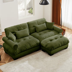 Over Size Modern Two-seater Sofa with Ottoman, Velvet 2-Seater with Round Bolster Armrests,With Waist Pillow and Throw Pillows,Small L Shape Sofa For Living Room, Reading Room  Olive green