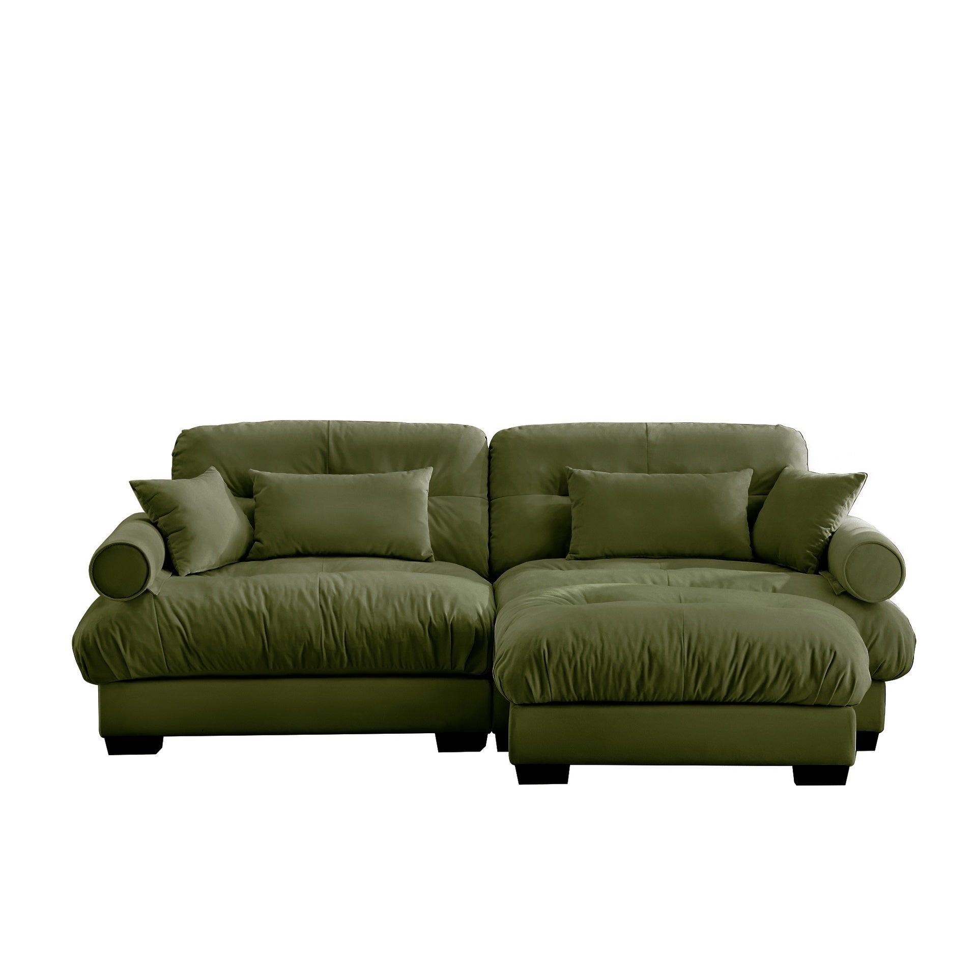 Over Size Modern Two-seater Sofa with Ottoman, Velvet 2-Seater with Round Bolster Armrests,With Waist Pillow and Throw Pillows,Small L Shape Sofa For Living Room, Reading Room  Olive green
