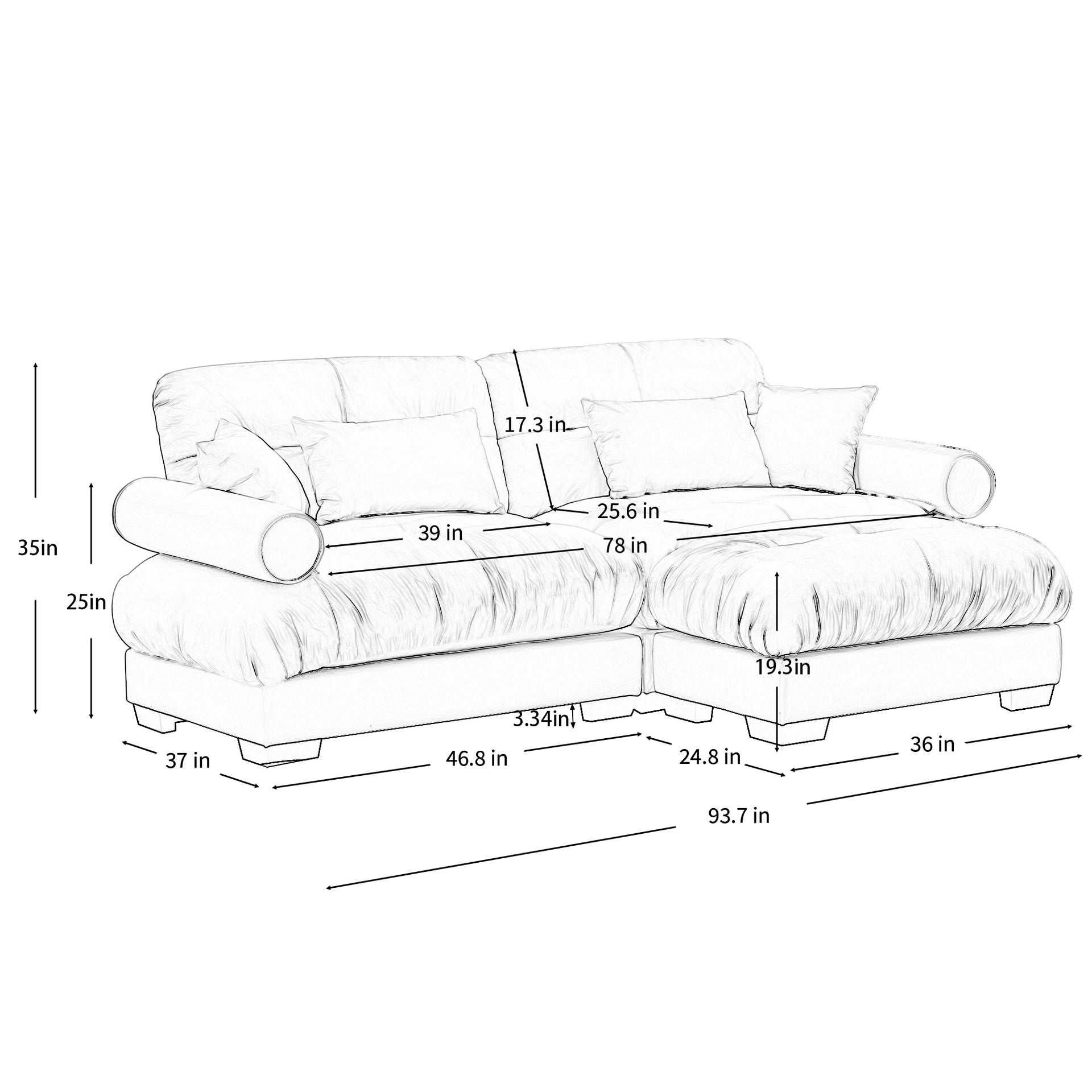 Over Size Modern Two-seater Sofa with Ottoman, Velvet 2-Seater with Round Bolster Armrests,With Waist Pillow and Throw Pillows,Small L Shape Sofa For Living Room, Reading Room  Olive green