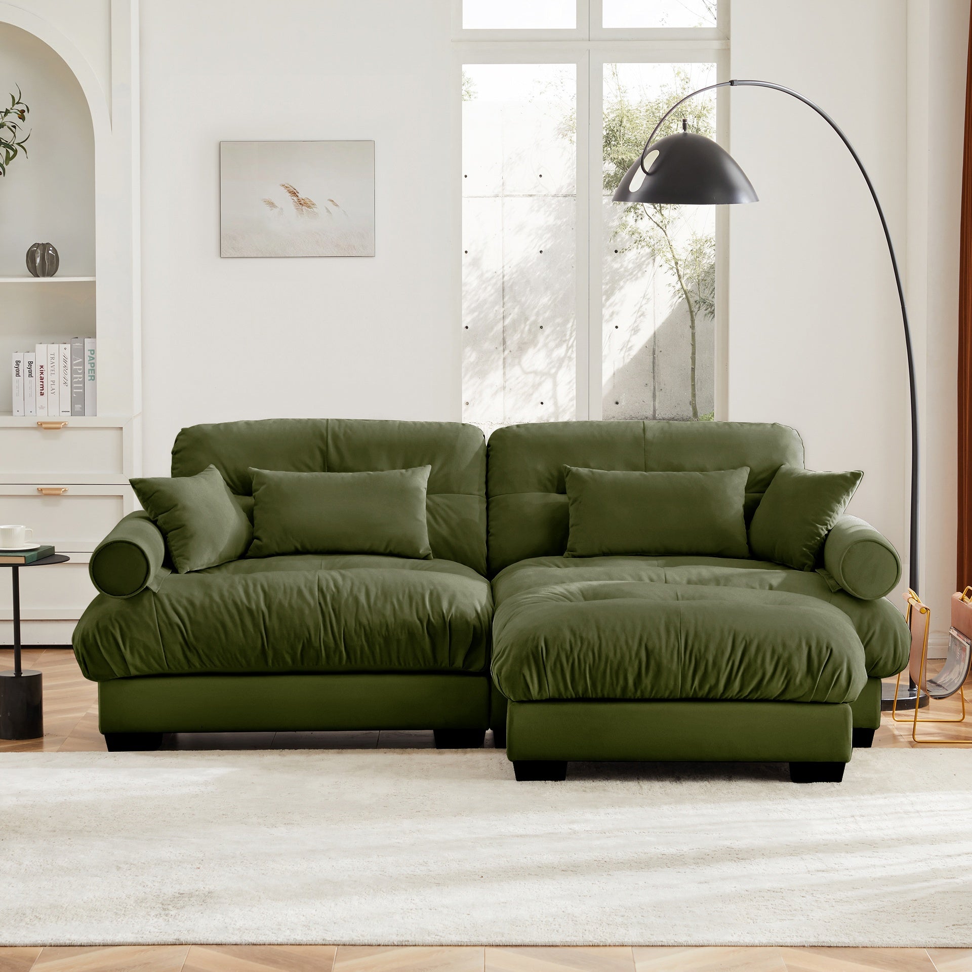Over Size Modern Two-seater Sofa with Ottoman, Velvet 2-Seater with Round Bolster Armrests,With Waist Pillow and Throw Pillows,Small L Shape Sofa For Living Room, Reading Room  Olive green