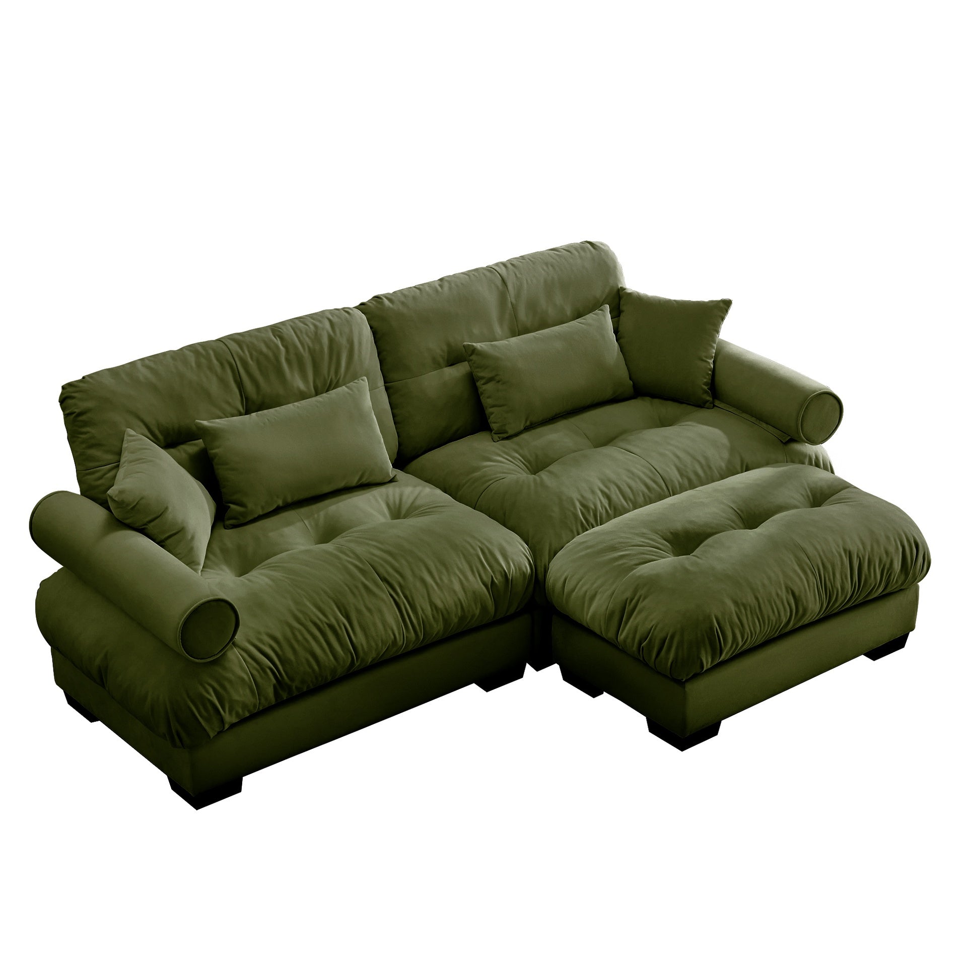 Over Size Modern Two-seater Sofa with Ottoman, Velvet 2-Seater with Round Bolster Armrests,With Waist Pillow and Throw Pillows,Small L Shape Sofa For Living Room, Reading Room  Olive green