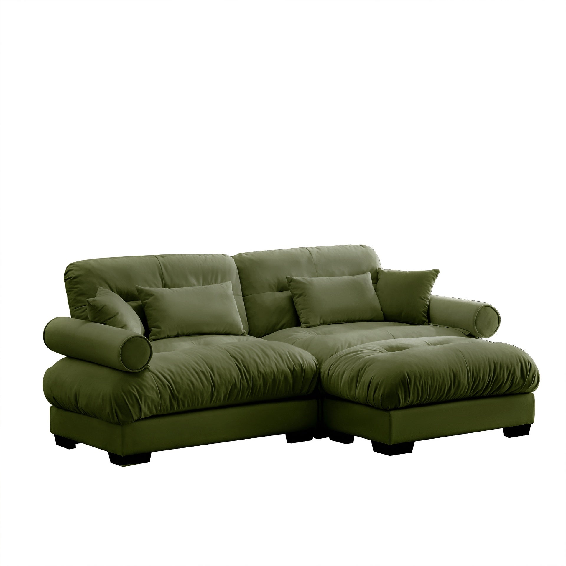Over Size Modern Two-seater Sofa with Ottoman, Velvet 2-Seater with Round Bolster Armrests,With Waist Pillow and Throw Pillows,Small L Shape Sofa For Living Room, Reading Room  Olive green