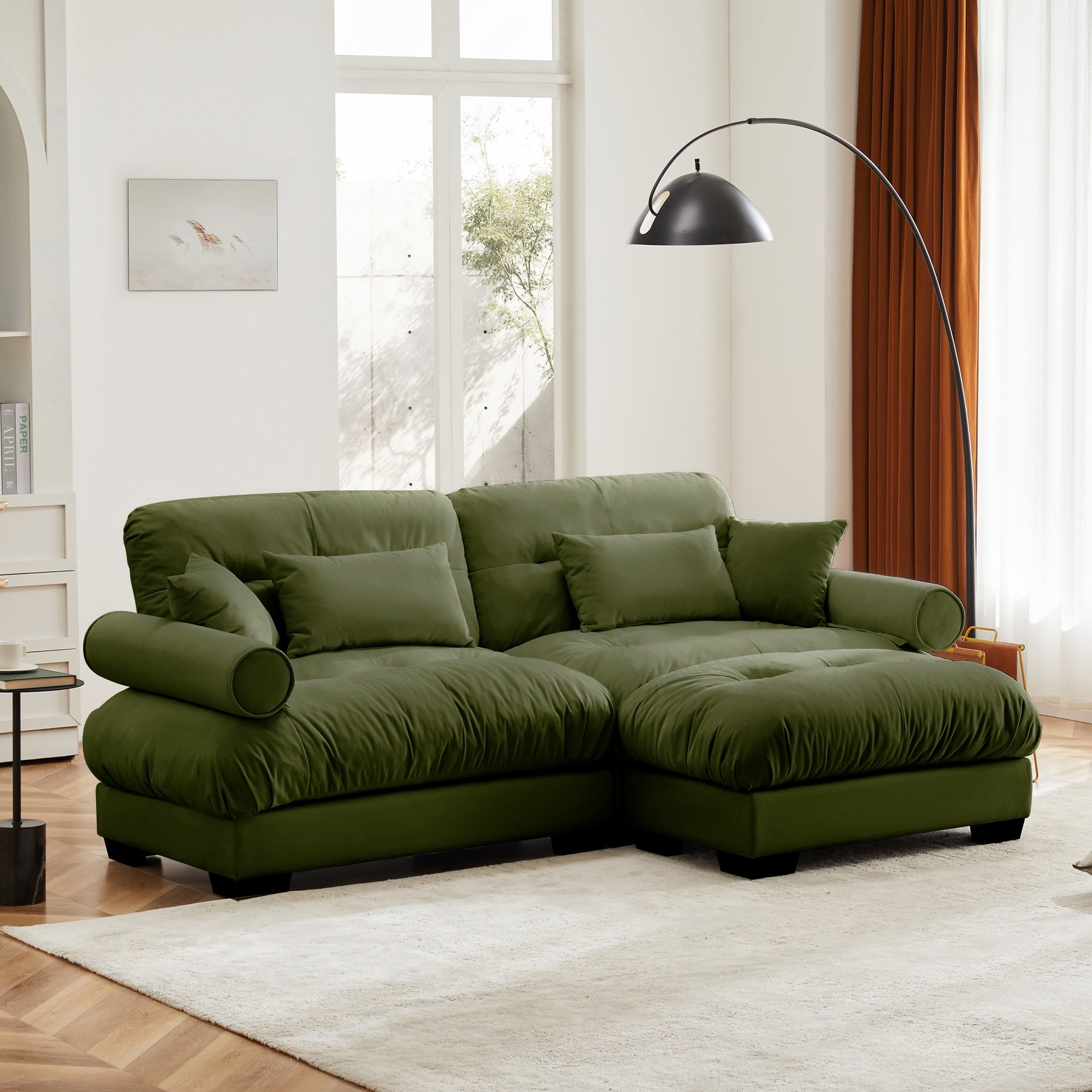 Over Size Modern Two-seater Sofa with Ottoman, Velvet 2-Seater with Round Bolster Armrests,With Waist Pillow and Throw Pillows,Small L Shape Sofa For Living Room, Reading Room  Olive green
