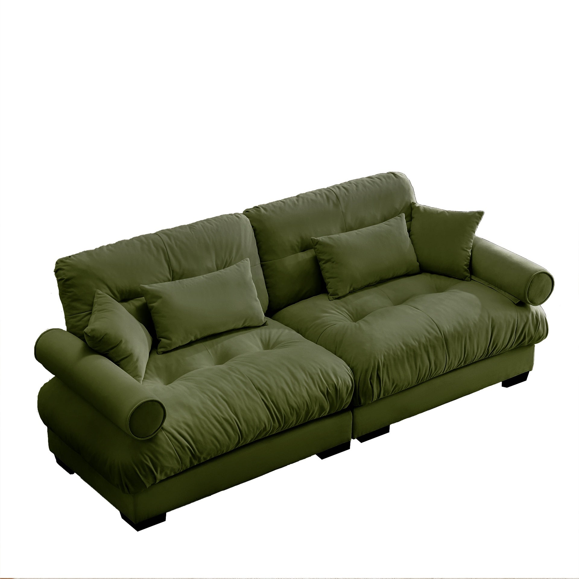Large Size Modern Two-seater Sofa with Bolstered Armrests,Velvet 2-Seater Sofa With Waist Pillows and Throw Pillows , Suitable for Living Room , Loft, Working Spaces , Hallway and Bedroom,Olive green