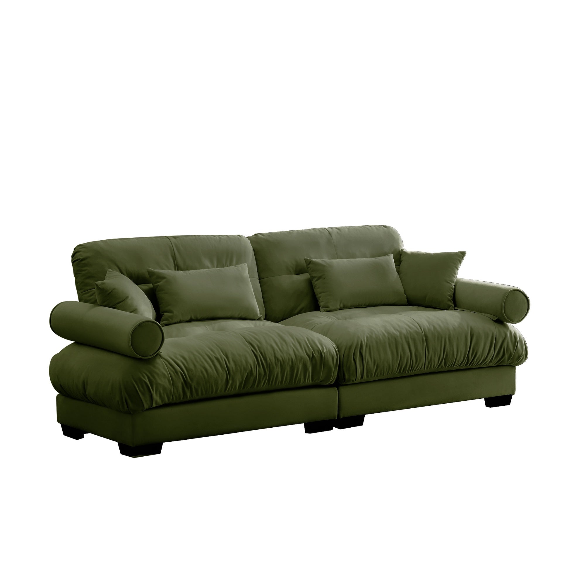 Large Size Modern Two-seater Sofa with Bolstered Armrests,Velvet 2-Seater Sofa With Waist Pillows and Throw Pillows , Suitable for Living Room , Loft, Working Spaces , Hallway and Bedroom,Olive green
