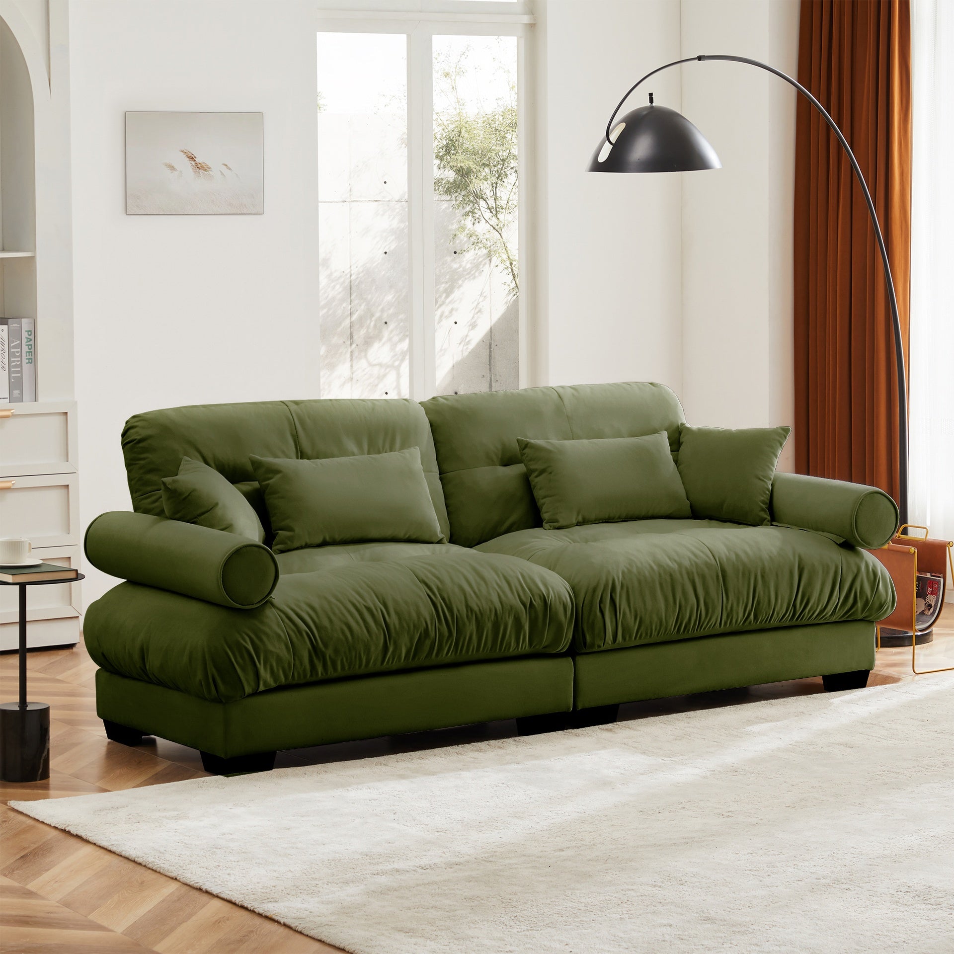 Large Size Modern Two-seater Sofa with Bolstered Armrests,Velvet 2-Seater Sofa With Waist Pillows and Throw Pillows , Suitable for Living Room , Loft, Working Spaces , Hallway and Bedroom,Olive green