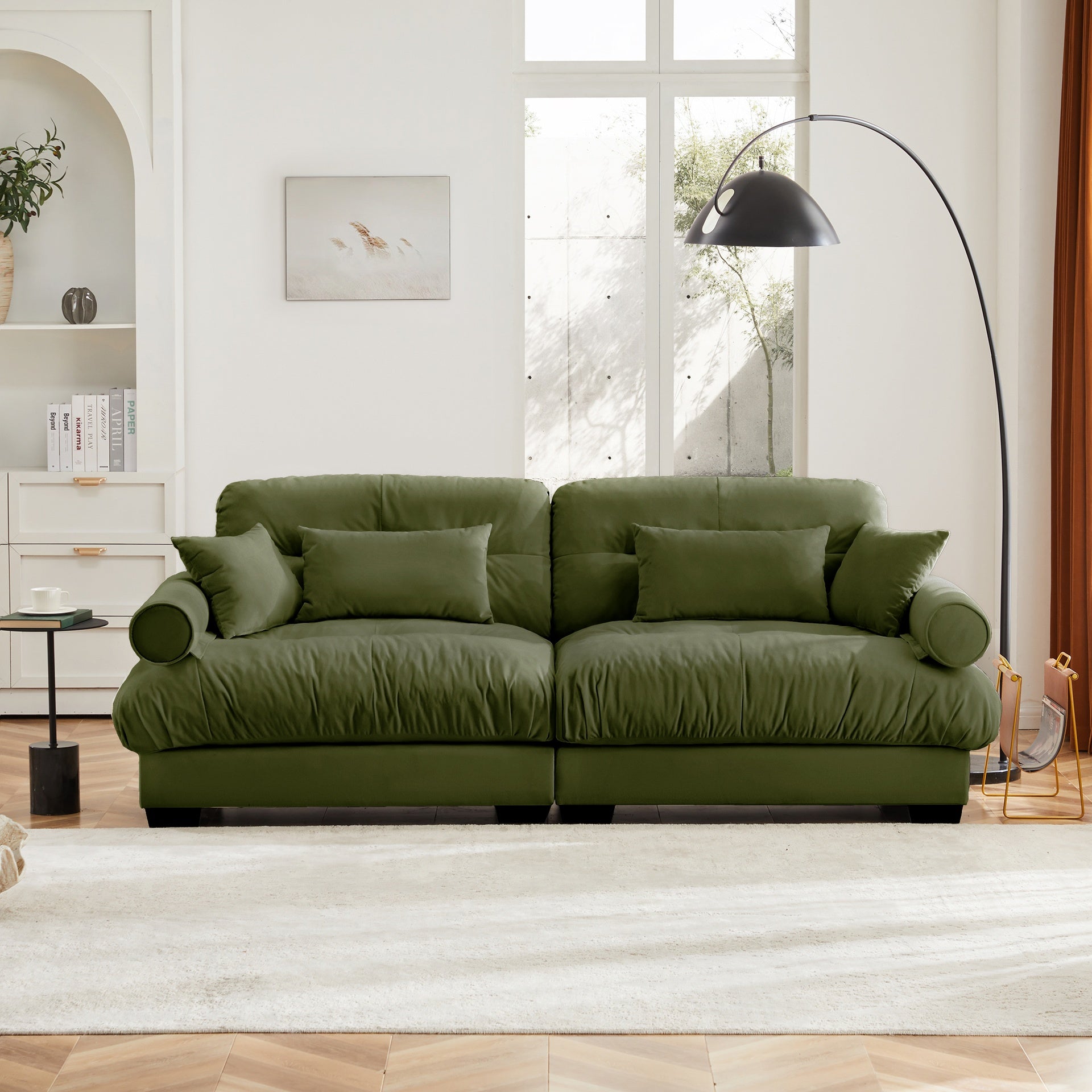 Large Size Modern Two-seater Sofa with Bolstered Armrests,Velvet 2-Seater Sofa With Waist Pillows and Throw Pillows , Suitable for Living Room , Loft, Working Spaces , Hallway and Bedroom,Olive green