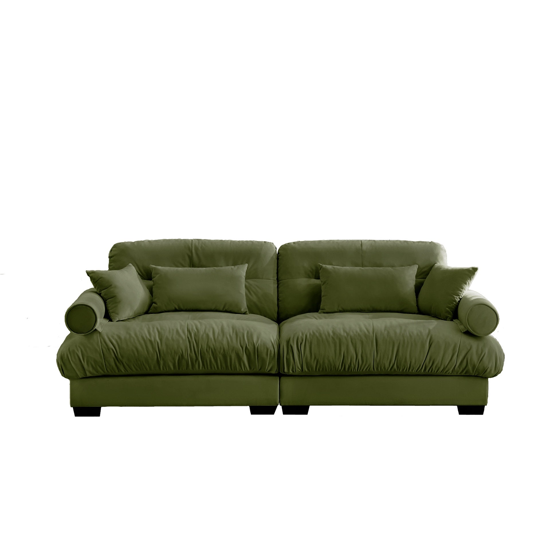 Large Size Modern Two-seater Sofa with Bolstered Armrests,Velvet 2-Seater Sofa With Waist Pillows and Throw Pillows , Suitable for Living Room , Loft, Working Spaces , Hallway and Bedroom,Olive green