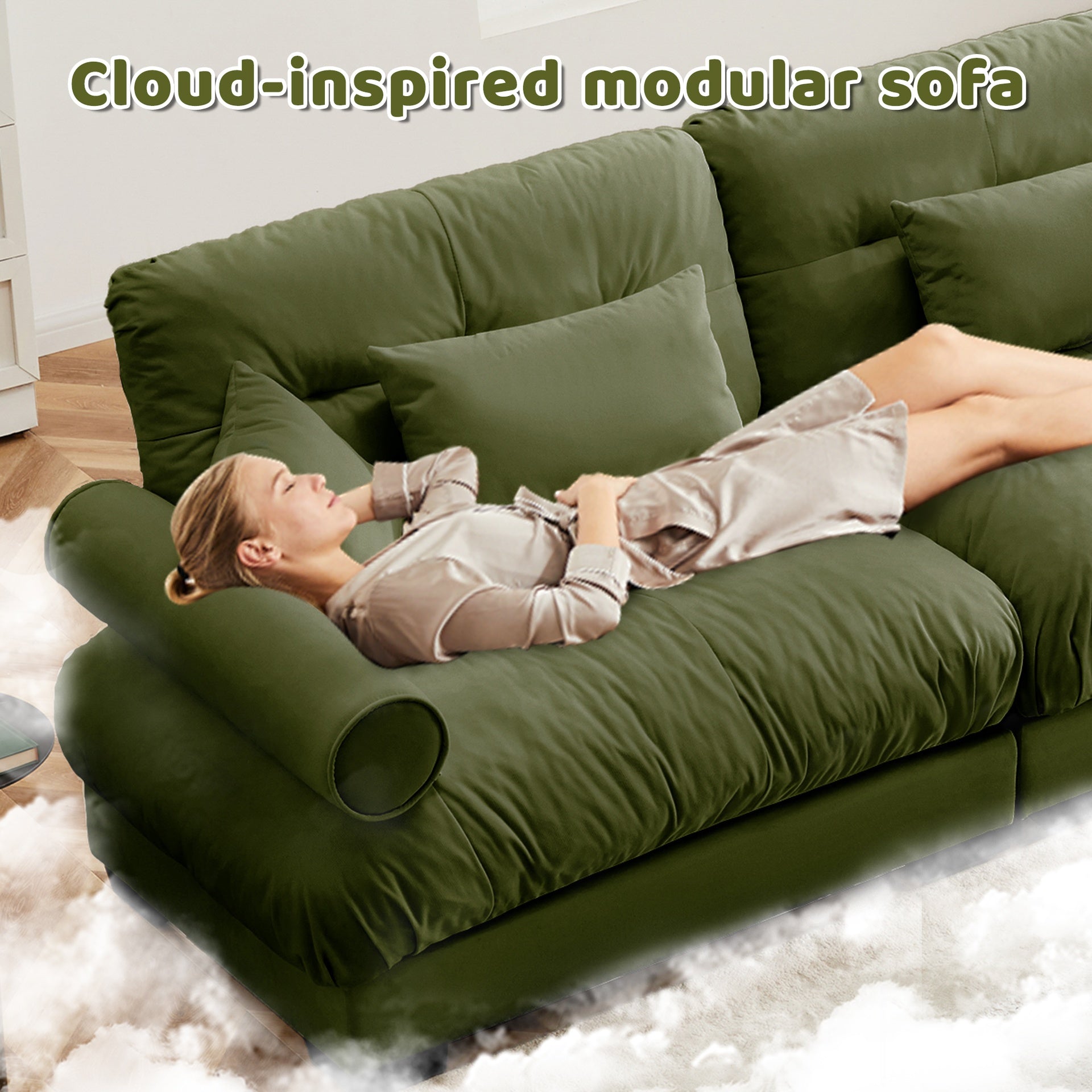 Large Size Modern Two-seater Sofa with Bolstered Armrests,Velvet 2-Seater Sofa With Waist Pillows and Throw Pillows , Suitable for Living Room , Loft, Working Spaces , Hallway and Bedroom,Olive green