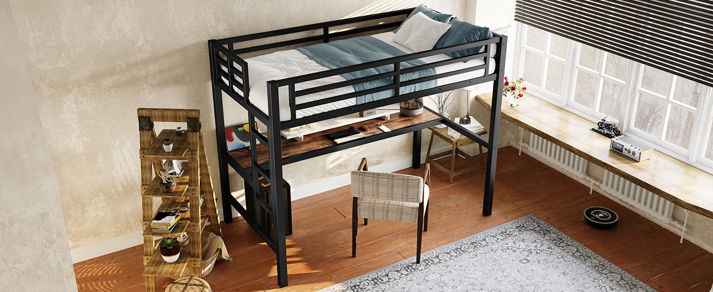 Metal Twin Size Loft Bed with Power Outlet and LED Lighted, Space-Saving, Noise Reduced, Black