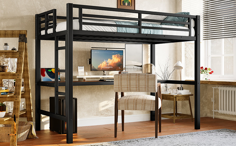 Metal Twin Size Loft Bed with Power Outlet and LED Lighted, Space-Saving, Noise Reduced, Black