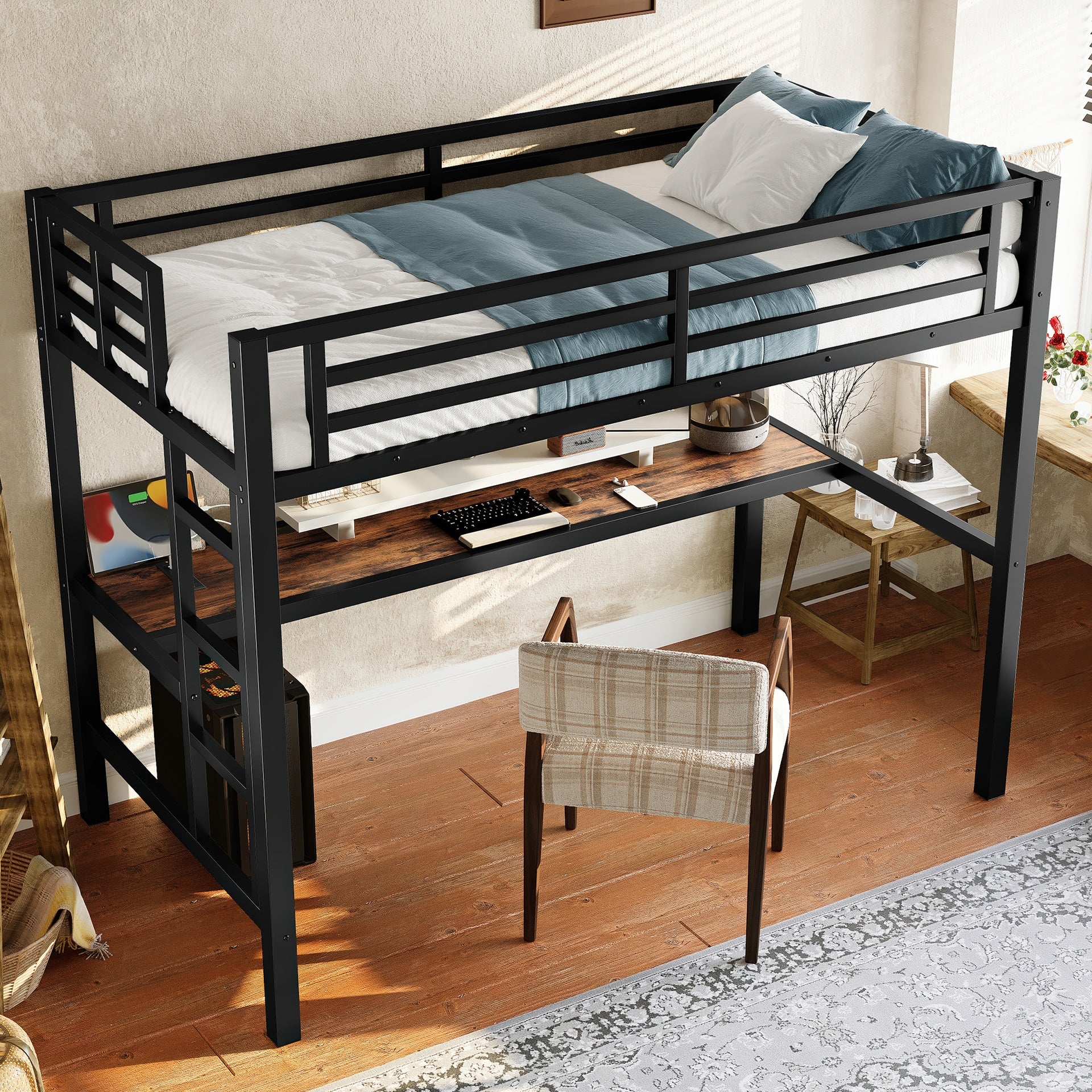 Metal Twin Size Loft Bed with Power Outlet and LED Lighted, Space-Saving, Noise Reduced, Black