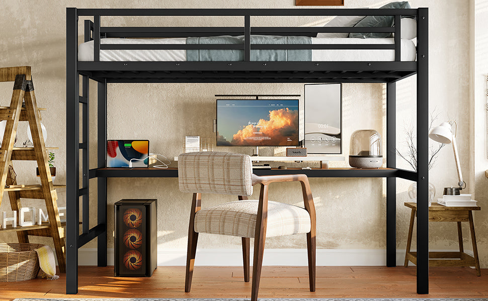 Metal Twin Size Loft Bed with Power Outlet and LED Lighted, Space-Saving, Noise Reduced, Black