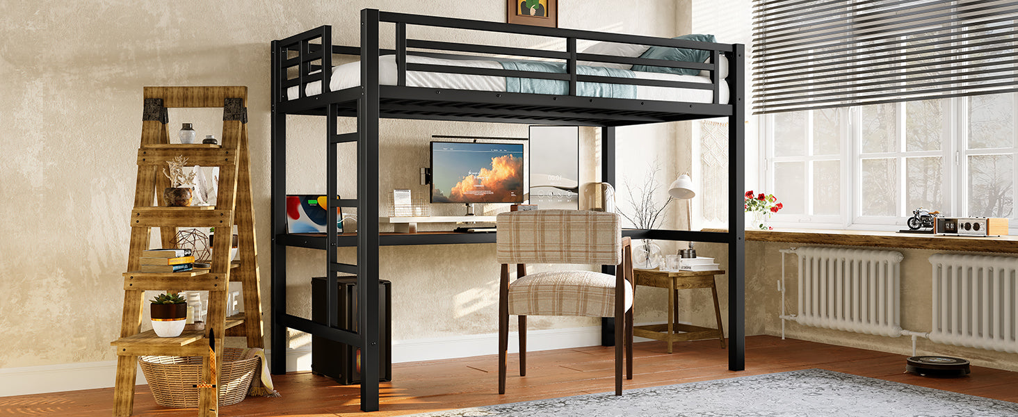 Metal Twin Size Loft Bed with Power Outlet and LED Lighted, Space-Saving, Noise Reduced, Black