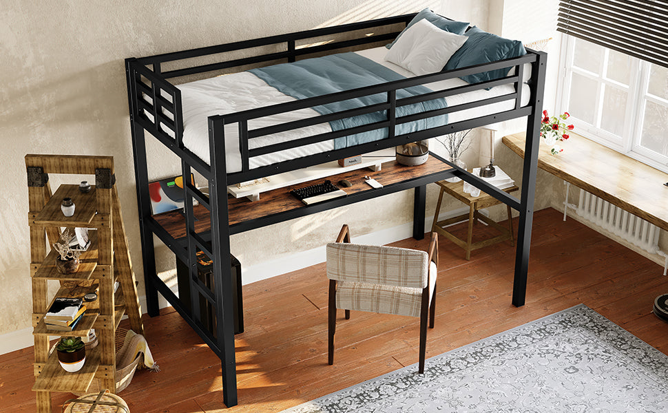 Metal Twin Size Loft Bed with Power Outlet and LED Lighted, Space-Saving, Noise Reduced, Black