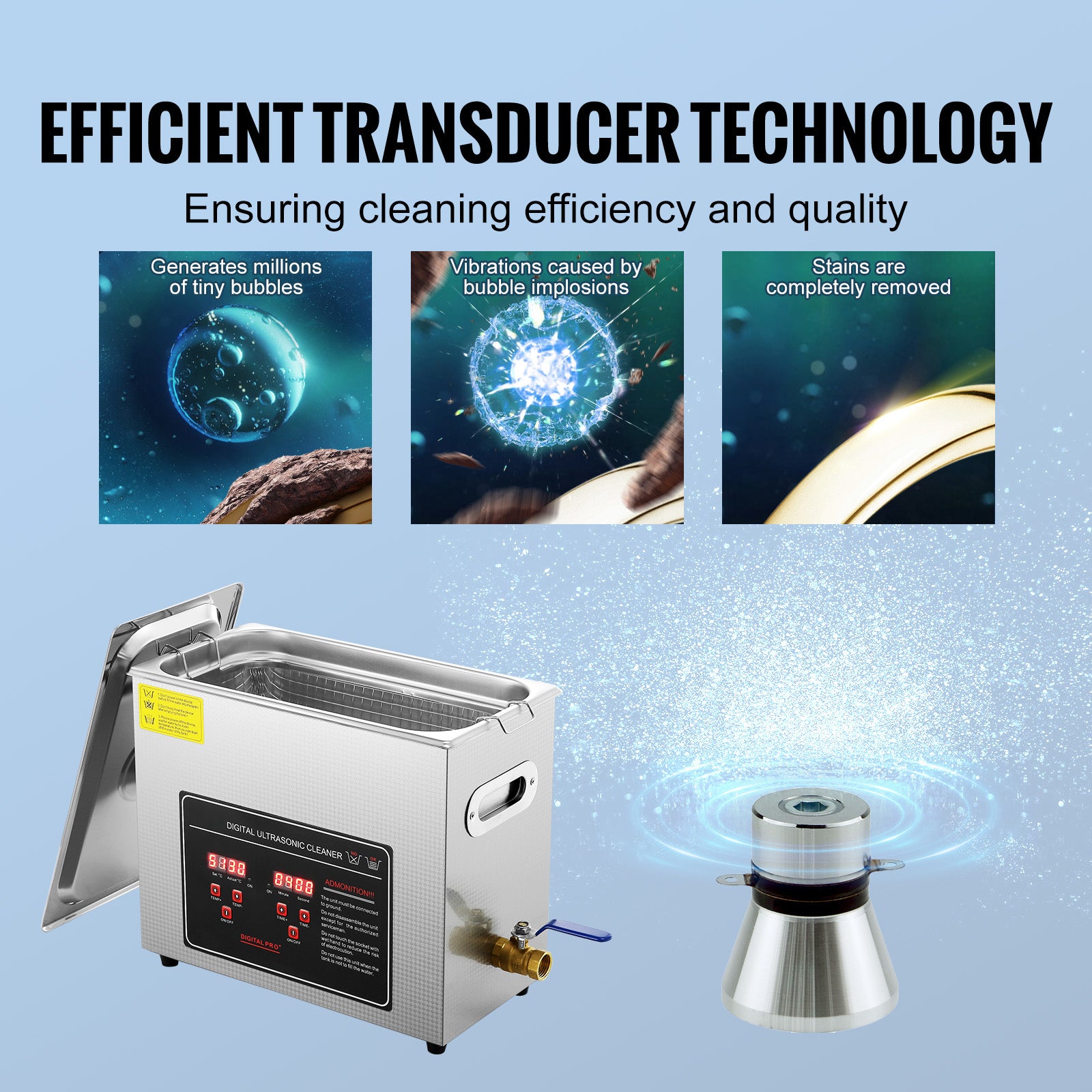 Ultrasonic Cleaner with Digital Timer & Heater, Professional Ultra Sonic Jewelry Cleaner, Stainless Steel Heated Cleaning Machine for Glasses Watch Rings Small Parts Circuit Board (6L)