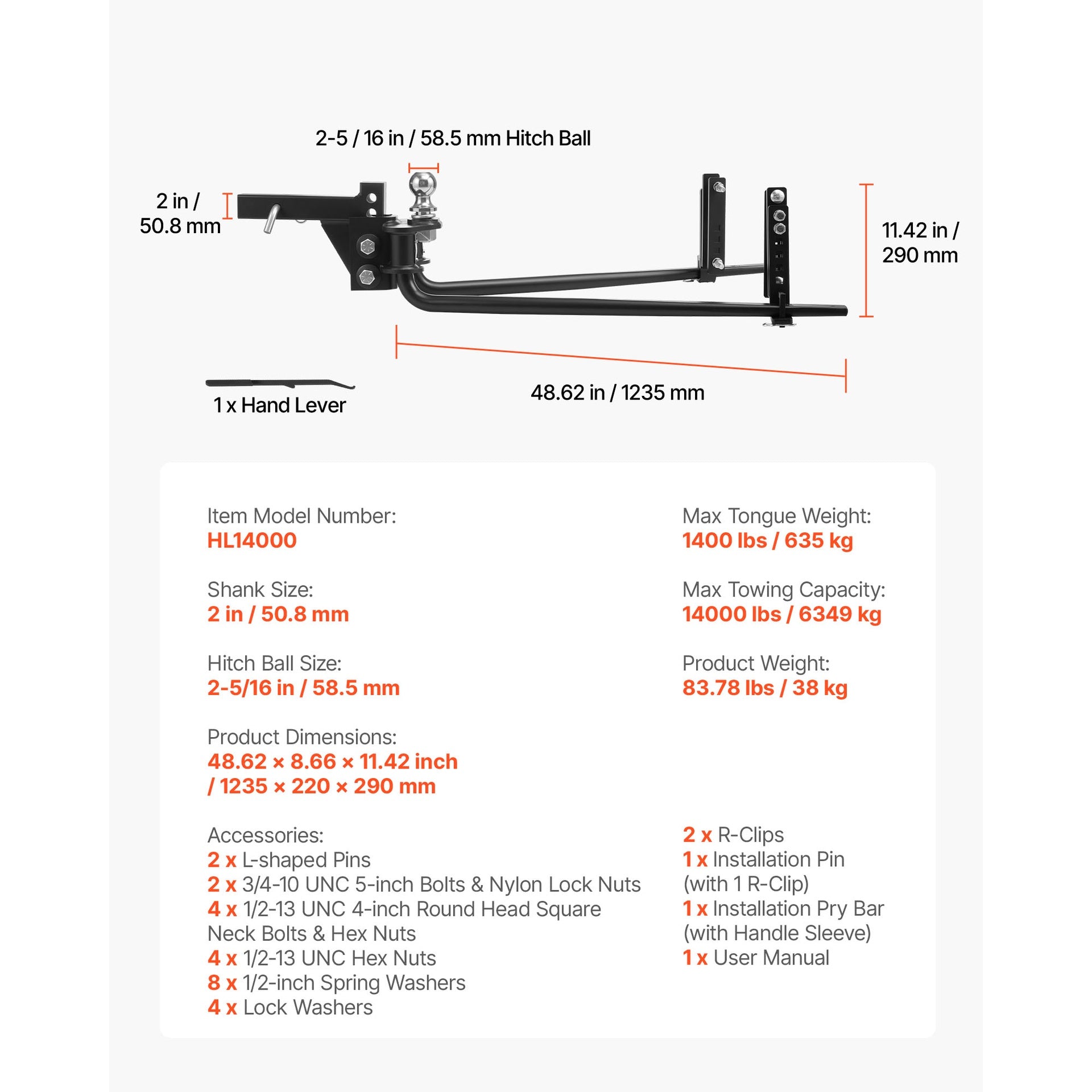 Weight Distribution Hitch, 14000 lbs Max Towing & 1400 lbs Max Tongue, Weight Distributing Hitches Kit with Sway Control Includes 2 in Shank & 2-5/16 in Ball, Load Leveling Hitch for Trailers