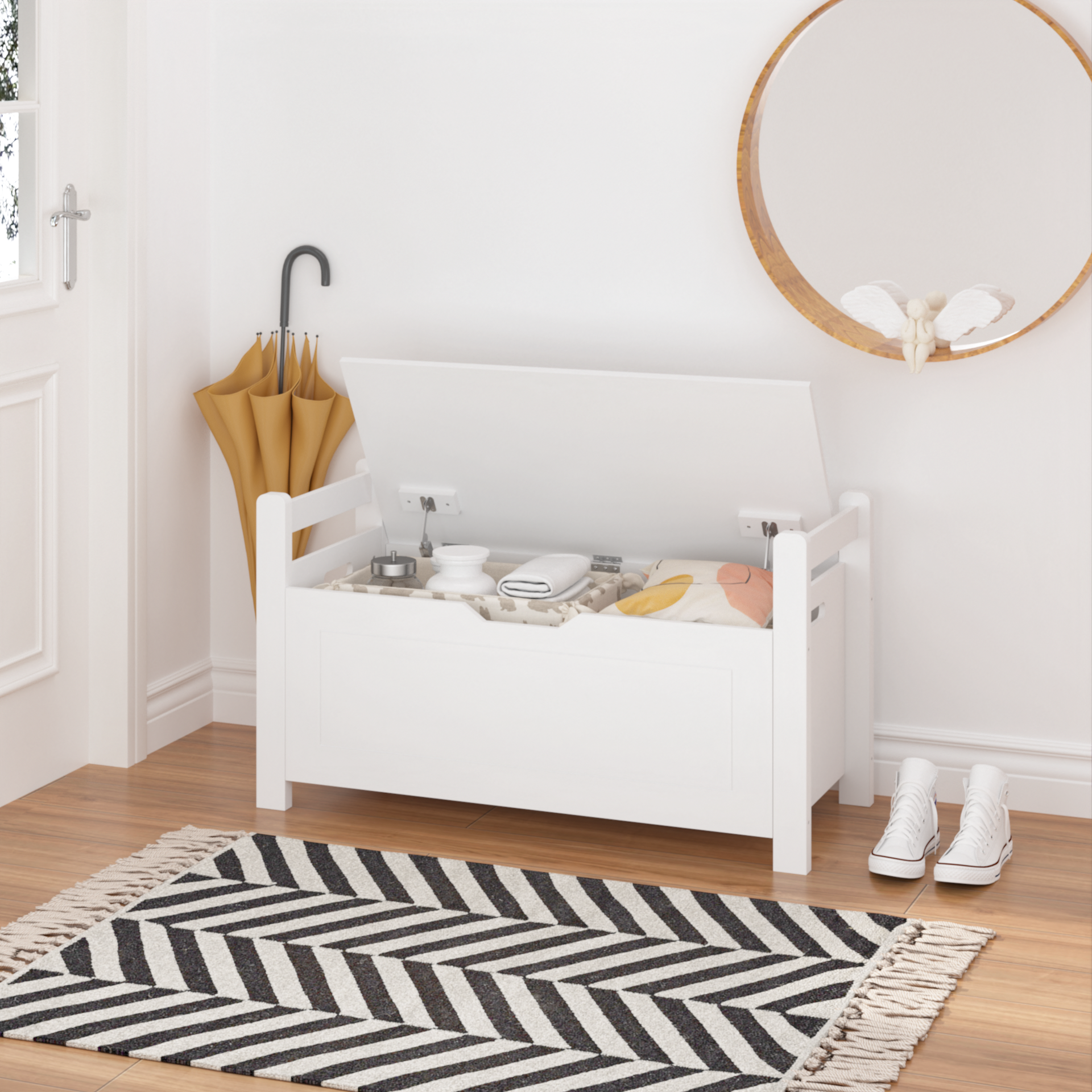 Kids Toy Box Chest, White Toy Box for Boys Girls, Large Storage Cabinet with Cushion Seat Bench/Flip-Top Lid/Safety Hinge, Toy Storage Organizer Trunk for Nursery, Playroom