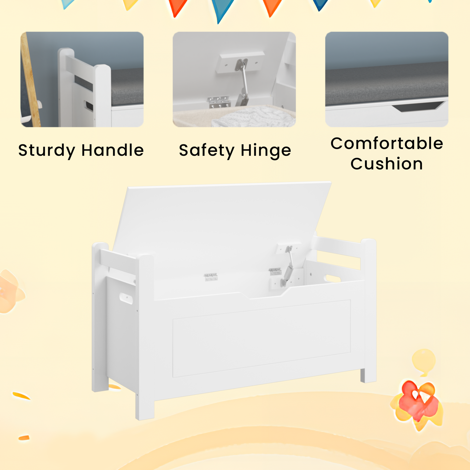Kids Toy Box Chest, White Toy Box for Boys Girls, Large Storage Cabinet with Cushion Seat Bench/Flip-Top Lid/Safety Hinge, Toy Storage Organizer Trunk for Nursery, Playroom