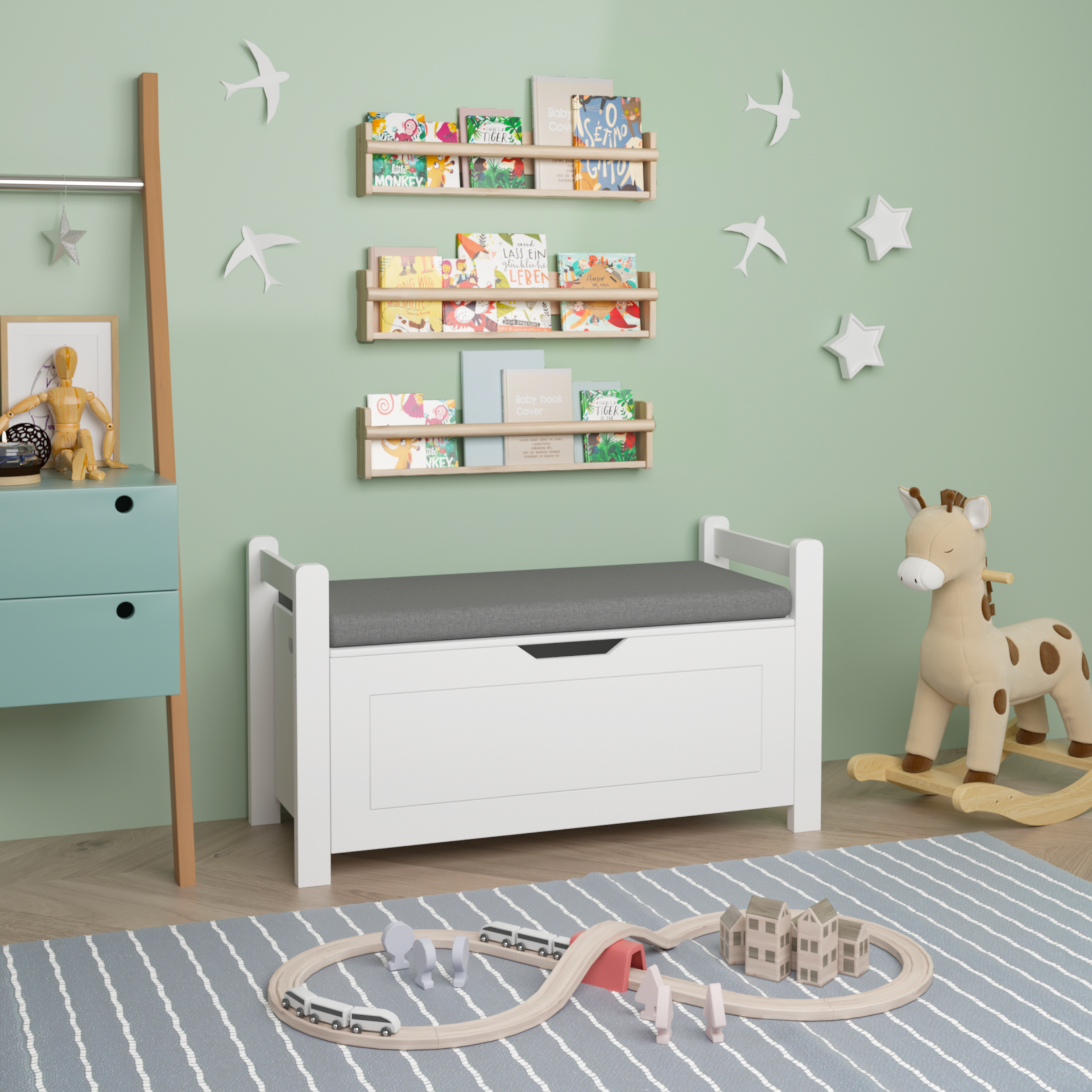 Kids Toy Box Chest, White Toy Box for Boys Girls, Large Storage Cabinet with Cushion Seat Bench/Flip-Top Lid/Safety Hinge, Toy Storage Organizer Trunk for Nursery, Playroom