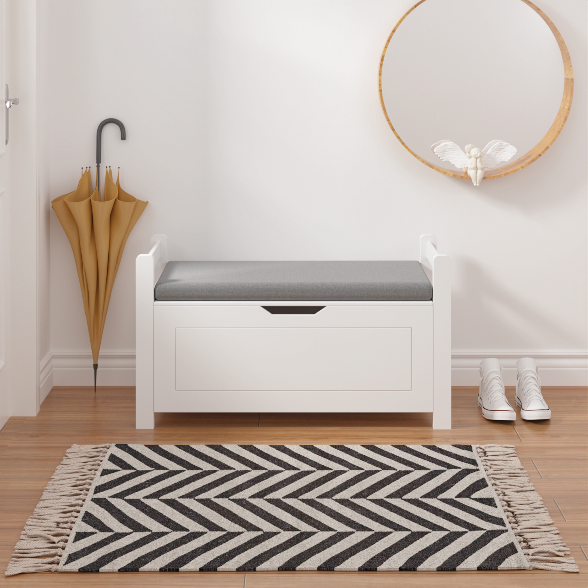 Kids Toy Box Chest, White Toy Box for Boys Girls, Large Storage Cabinet with Cushion Seat Bench/Flip-Top Lid/Safety Hinge, Toy Storage Organizer Trunk for Nursery, Playroom
