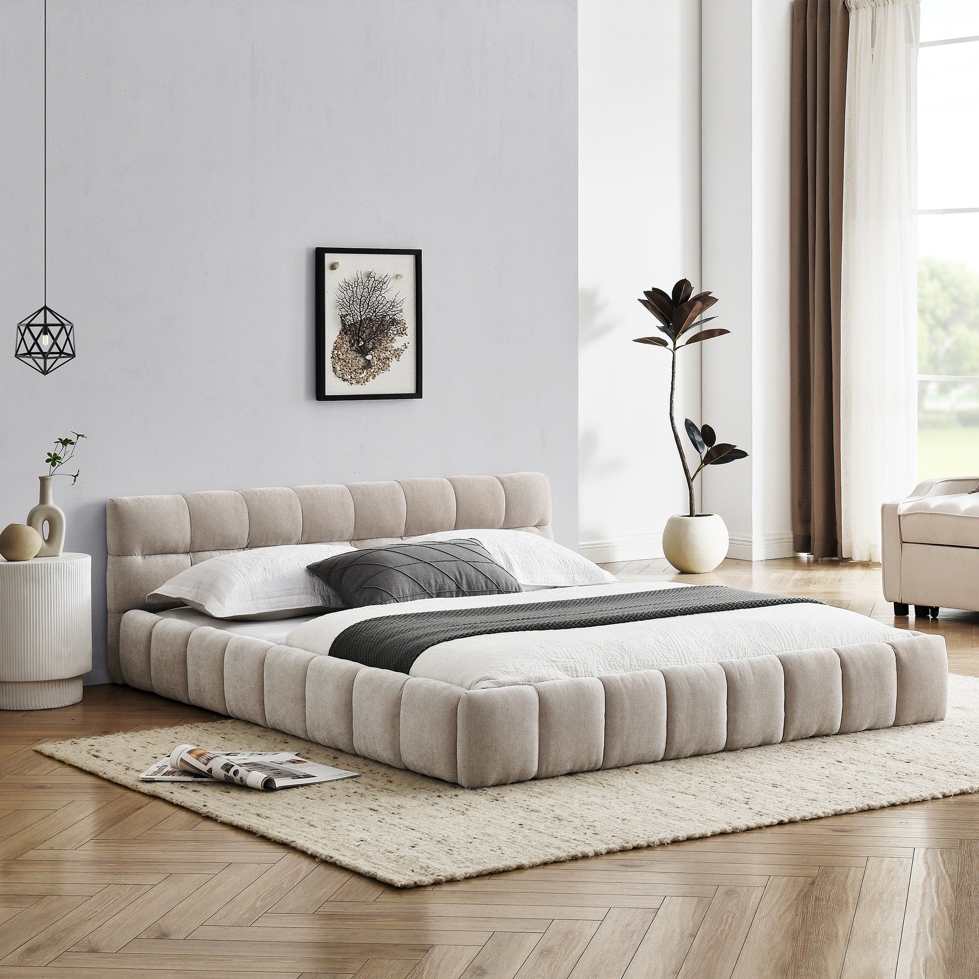 Queen Size Upholstered Bed Frame with Thick Fabric, Chenille Fabric Grounded Queen Size Platform Bed with Headboard and Solid Frame. No Box Spring Needed, Beige(68''*86.5''*23.5'')