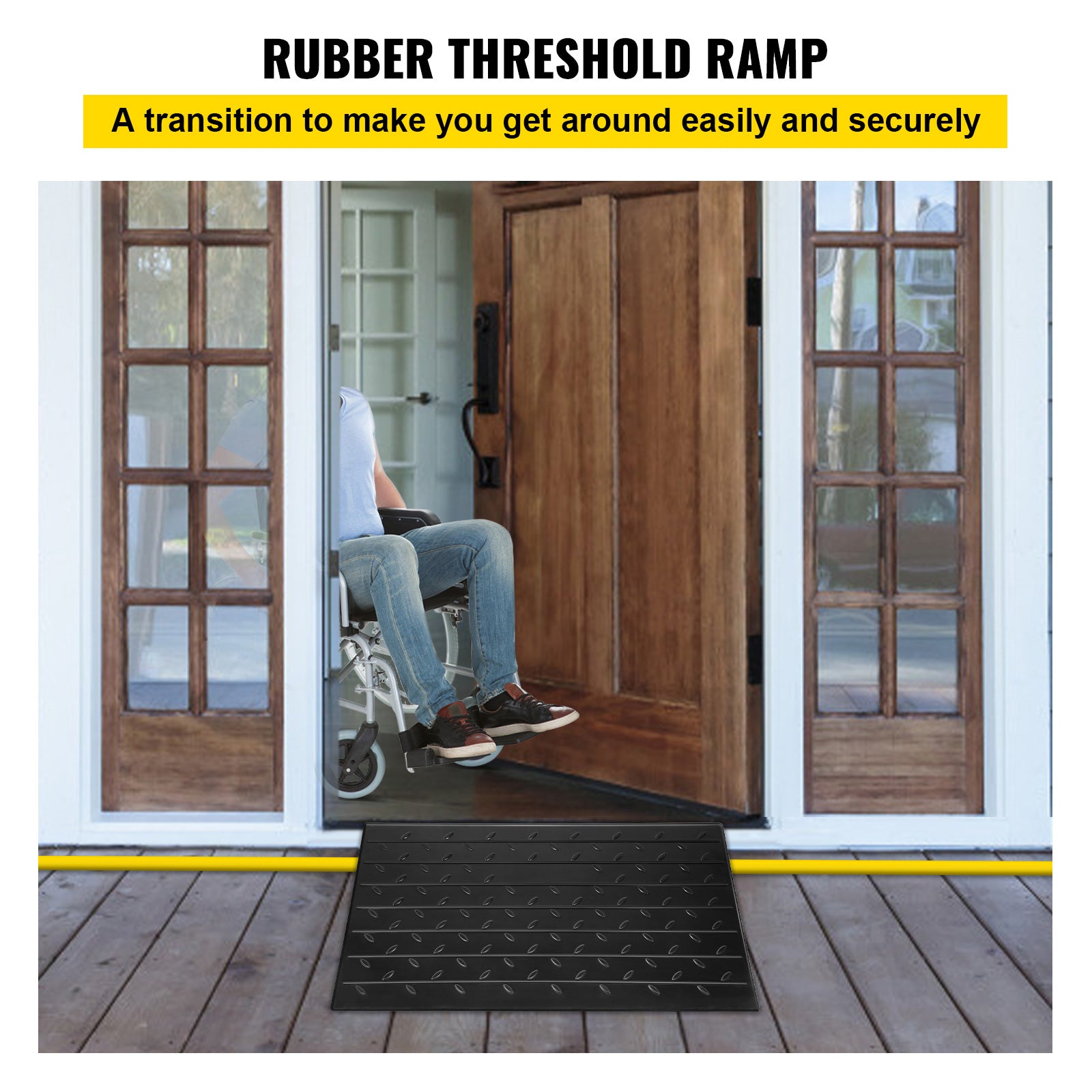 Rubber Threshold Ramp, 2.6" Rise Threshold Ramp Doorway, 3 Channels Cord Cover Rubber Solid Threshold Ramp, Transitions Rubber Angled Entry Rated 2200Lbs Load Capacity for Wheelchair and Scooter