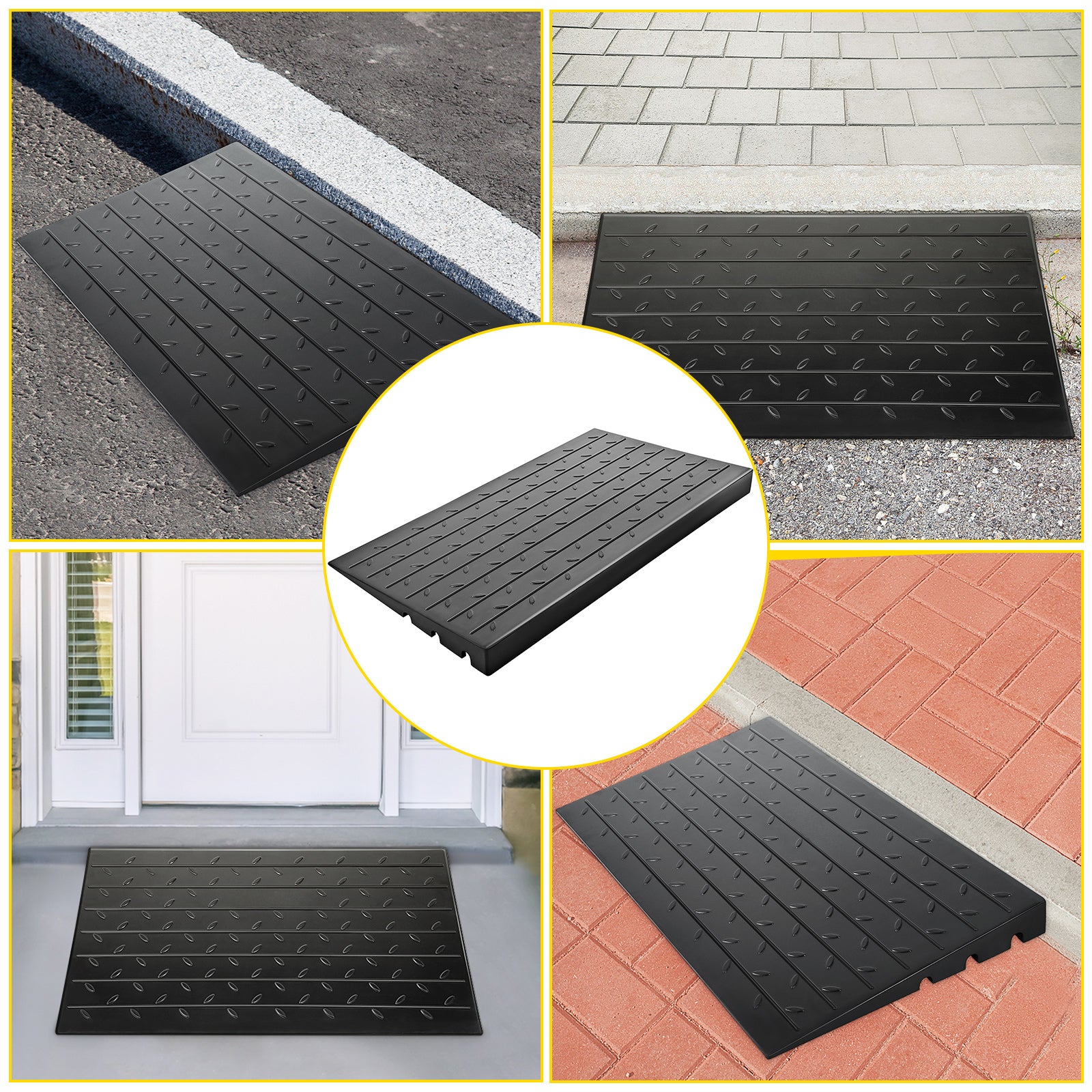 Rubber Threshold Ramp, 2.6" Rise Threshold Ramp Doorway, 3 Channels Cord Cover Rubber Solid Threshold Ramp, Transitions Rubber Angled Entry Rated 2200Lbs Load Capacity for Wheelchair and Scooter