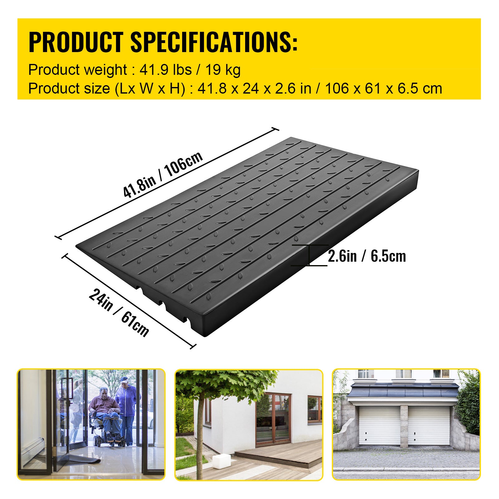 Rubber Threshold Ramp, 2.6" Rise Threshold Ramp Doorway, 3 Channels Cord Cover Rubber Solid Threshold Ramp, Transitions Rubber Angled Entry Rated 2200Lbs Load Capacity for Wheelchair and Scooter