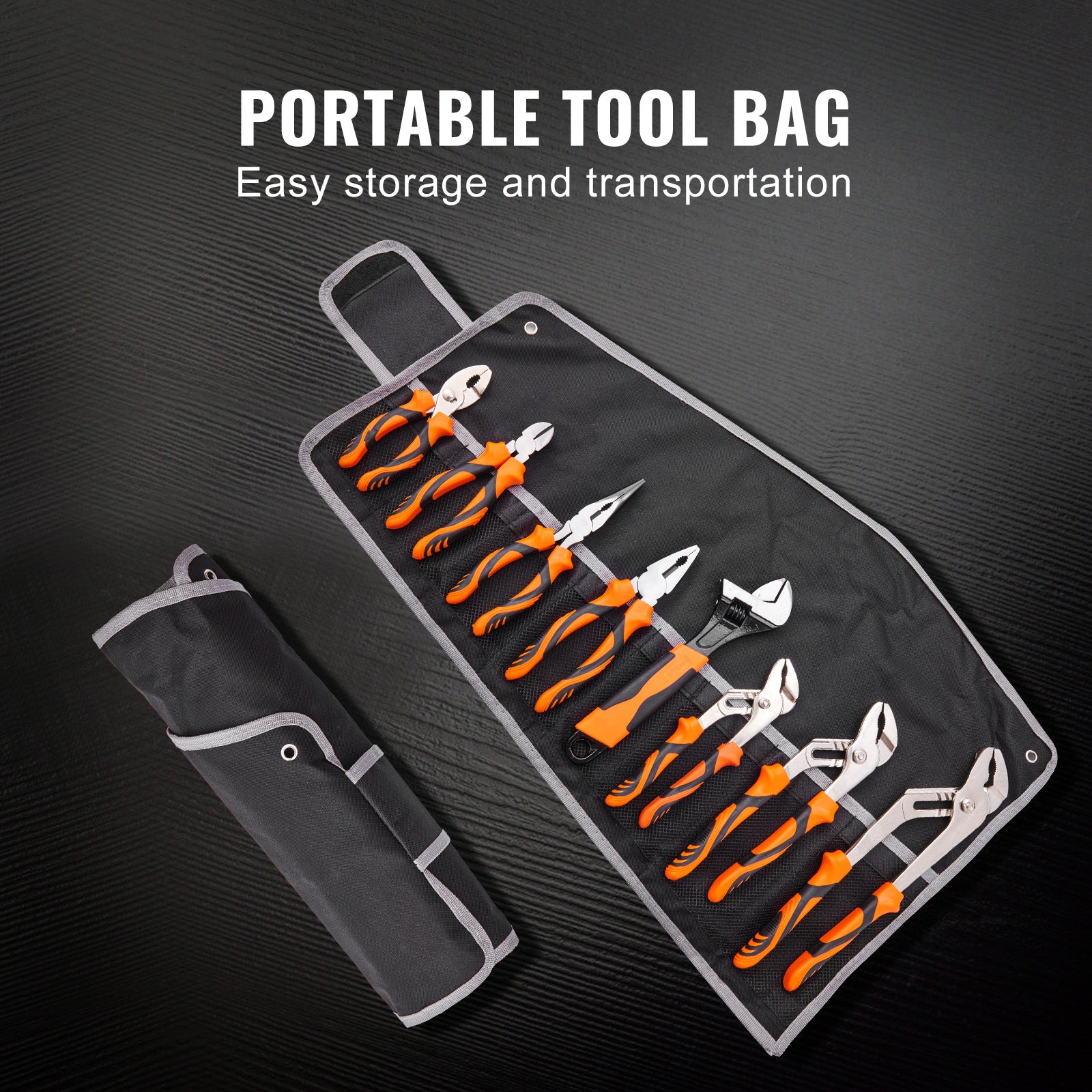 8-Piece Pliers Set, High Carbon Steel, 12"/10"/8" Groove Joint Pliers, 8" Linesman's Pliers, 6" Slip Joint Pliers, 8" Long Nose Pliers, 6" Diagonal Cutter, 10" Adjustable Wrench, and Tool Bag