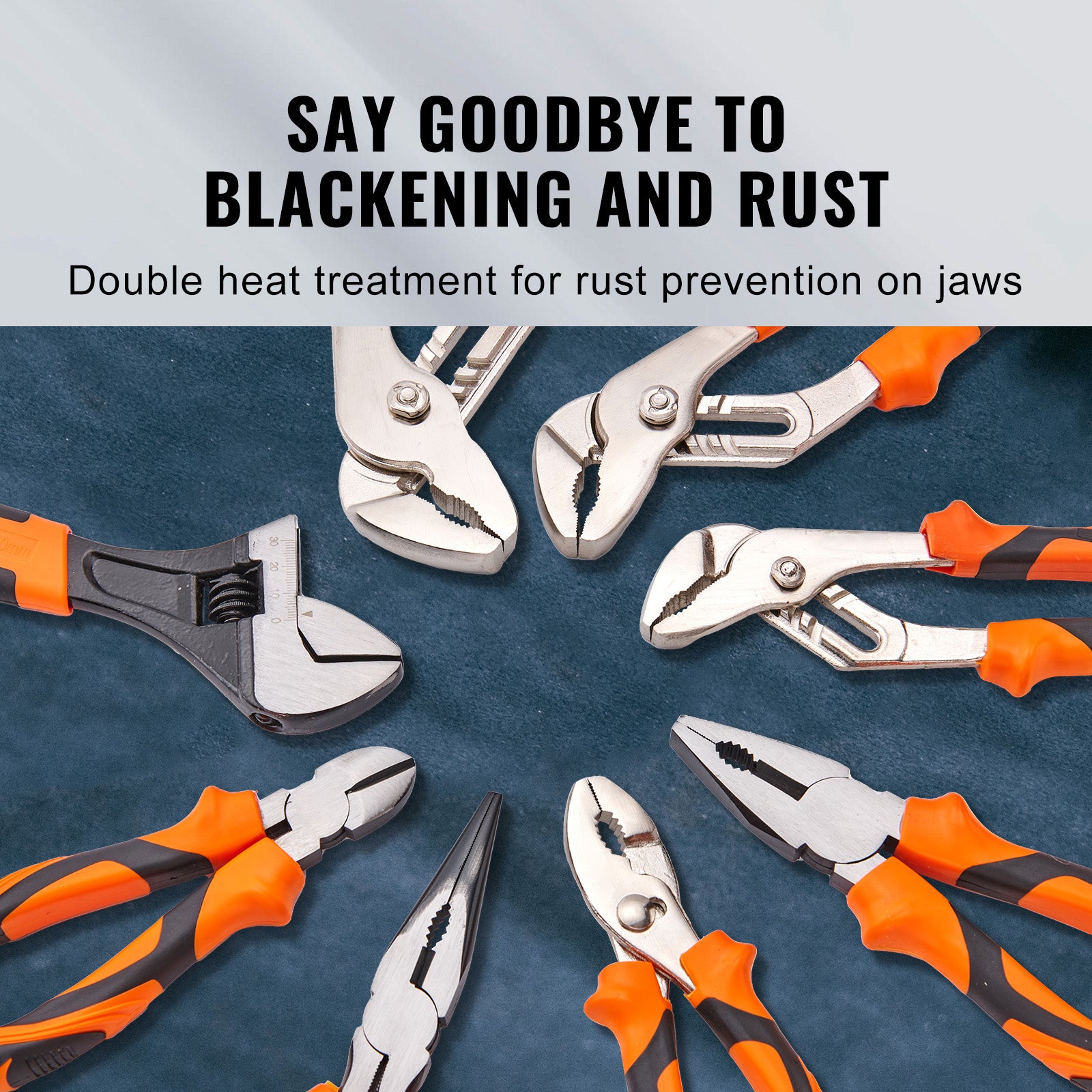 8-Piece Pliers Set, High Carbon Steel, 12"/10"/8" Groove Joint Pliers, 8" Linesman's Pliers, 6" Slip Joint Pliers, 8" Long Nose Pliers, 6" Diagonal Cutter, 10" Adjustable Wrench, and Tool Bag