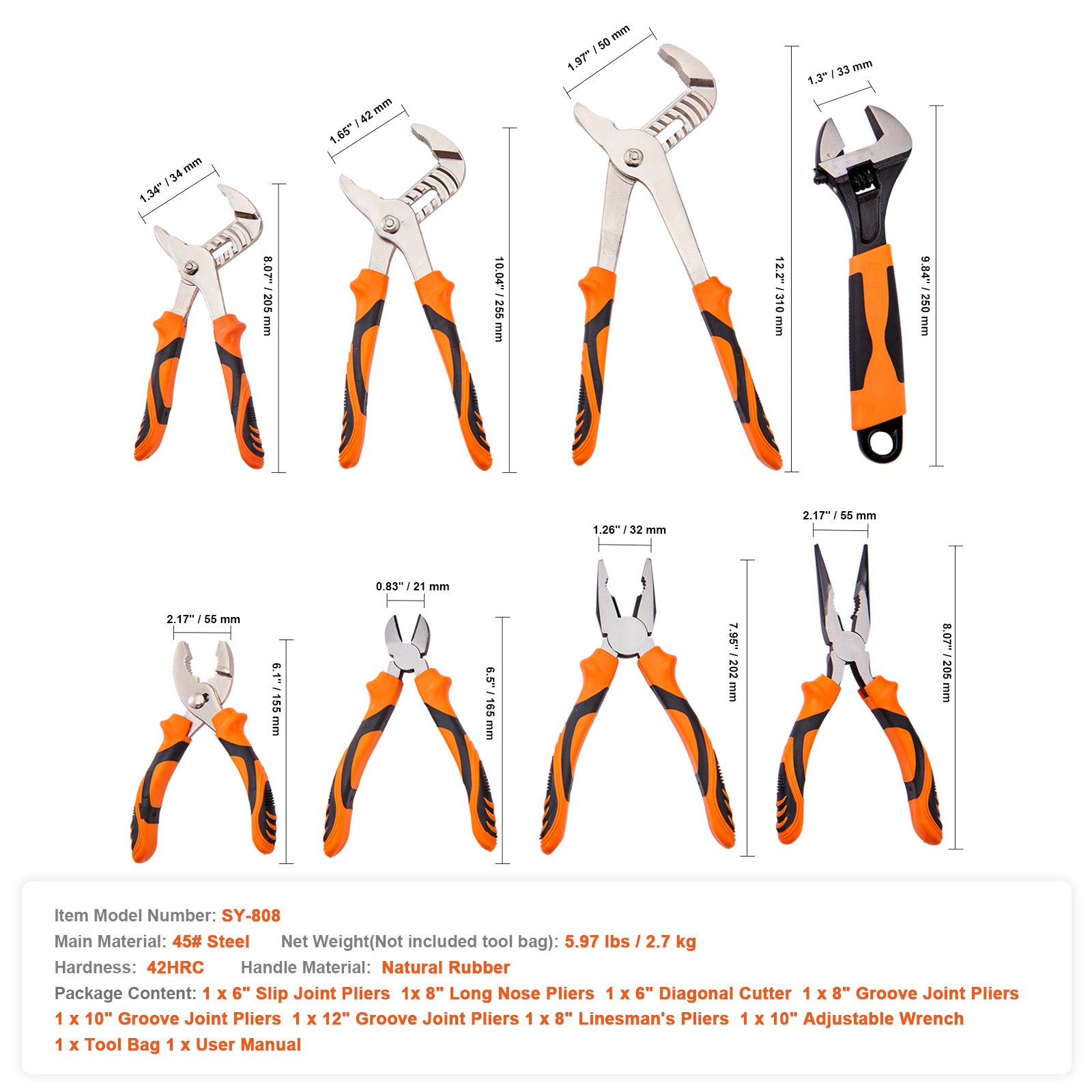 8-Piece Pliers Set, High Carbon Steel, 12"/10"/8" Groove Joint Pliers, 8" Linesman's Pliers, 6" Slip Joint Pliers, 8" Long Nose Pliers, 6" Diagonal Cutter, 10" Adjustable Wrench, and Tool Bag