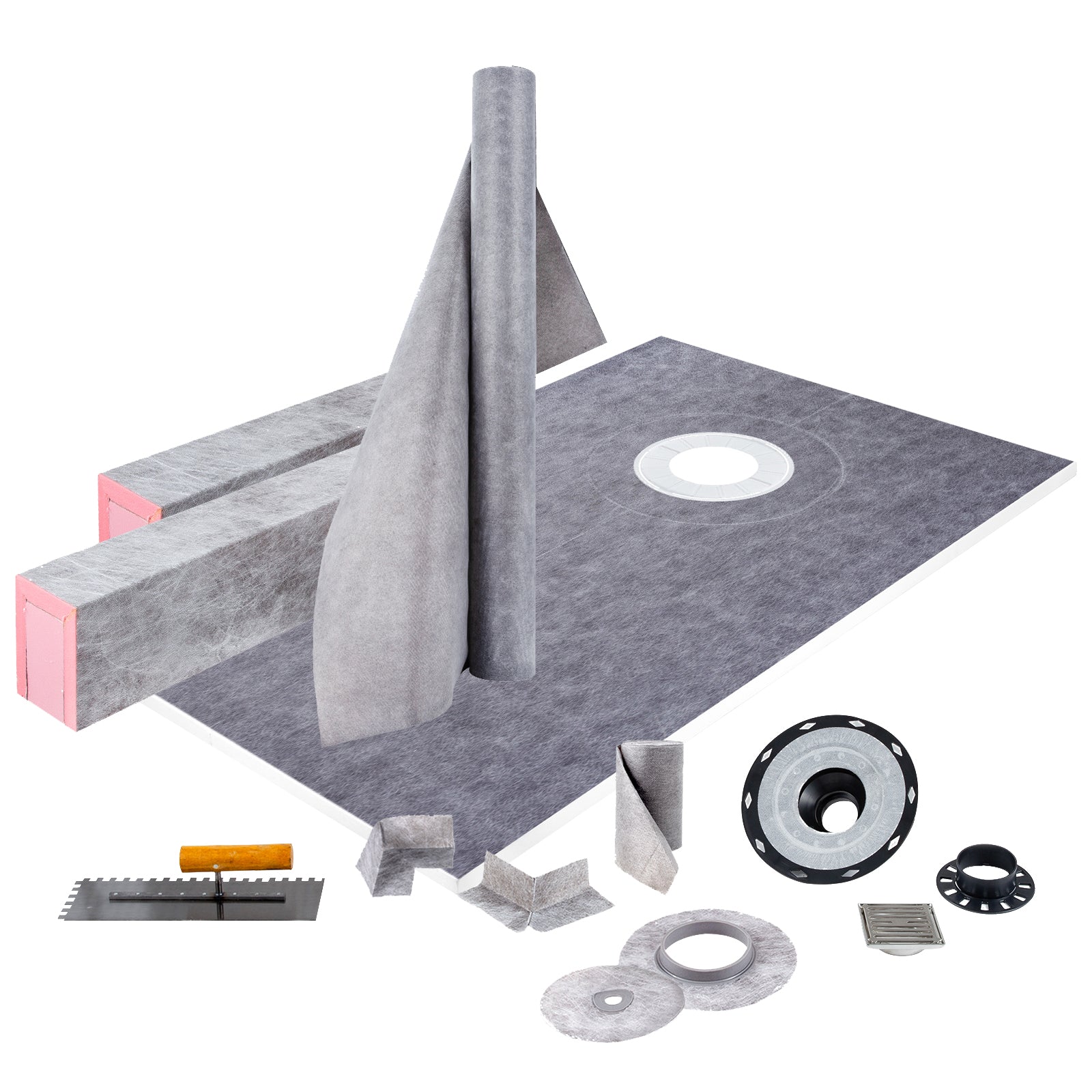 Shower Curb Kit, 38"x60" Watertight Shower Curb Overlay with 4" ABS Offset Bonding Flange, 4" Stainless Steel Grate, 2 Cuttable Shower Curb and Trowel, Shower Pan Slope Sticks Fit for Bathroom