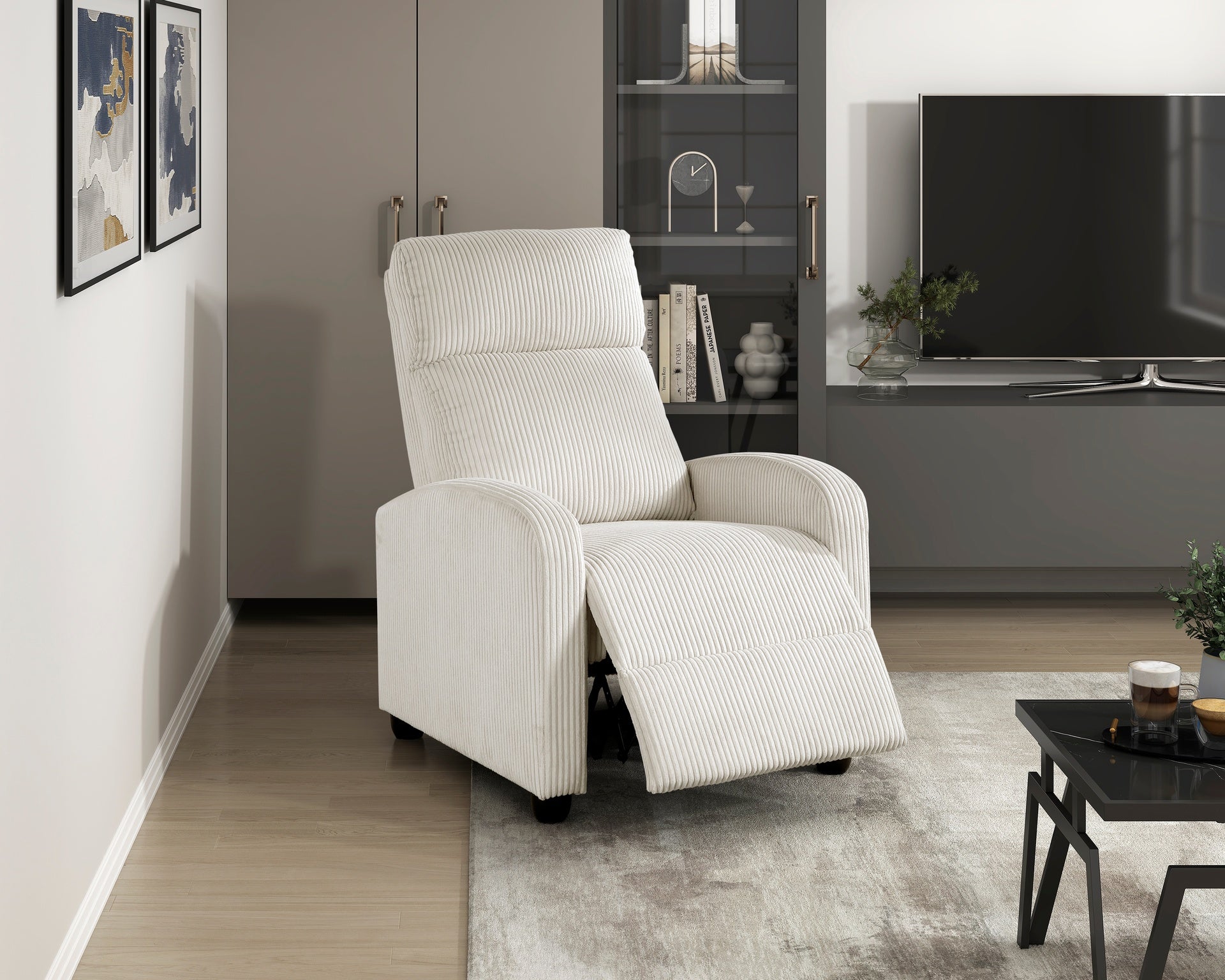 Modern Push Back Recliner Chair Beige Soft Corduroy Upholstery Comfort Solid Wood Living Room Furniture 1pc