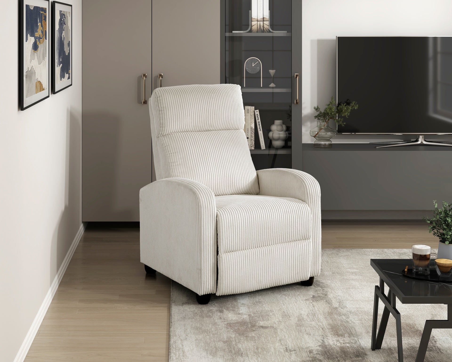 Modern Push Back Recliner Chair Beige Soft Corduroy Upholstery Comfort Solid Wood Living Room Furniture 1pc