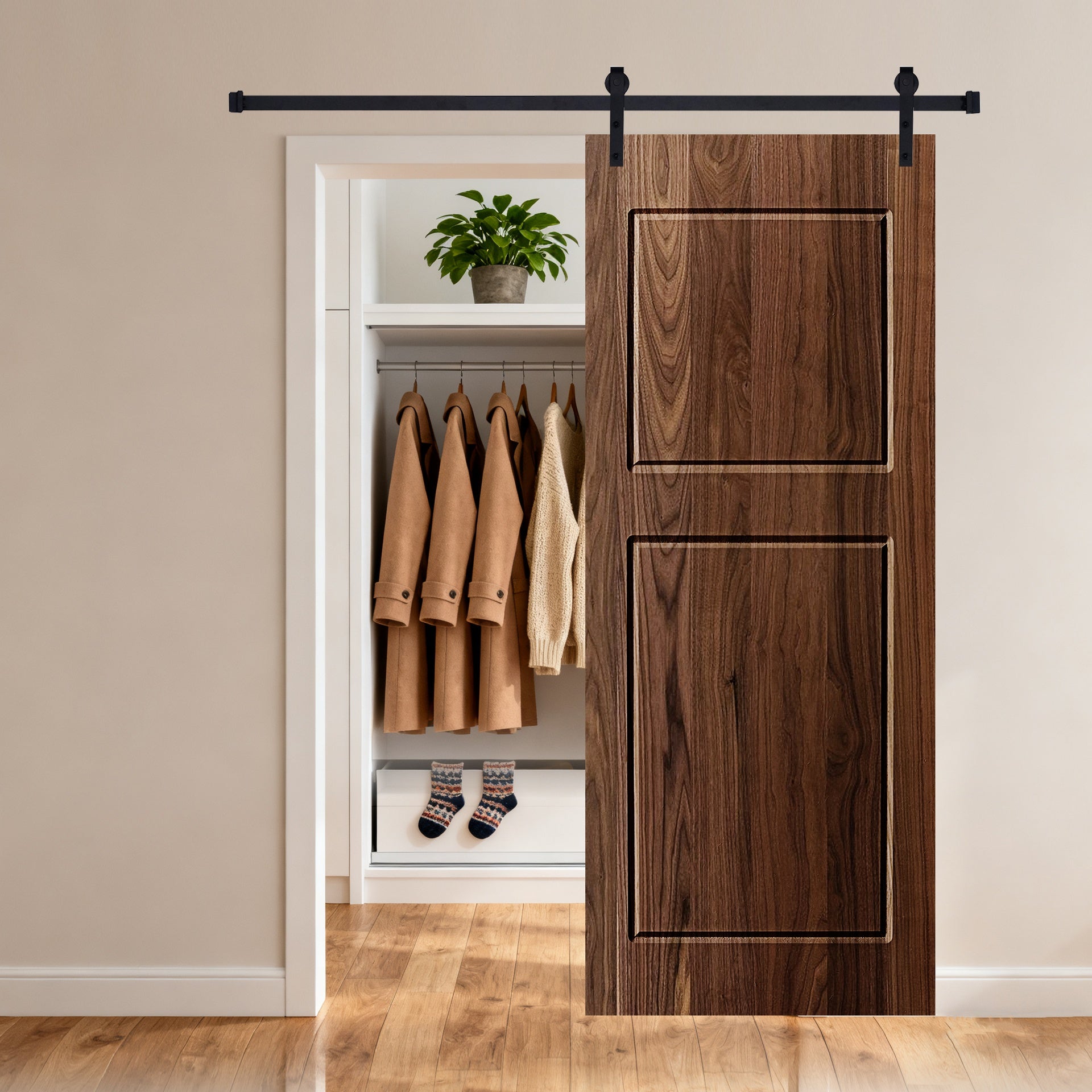 Modern 2-Panel 24 in. x 84 in. Wood Dark Walnut Barn Sliding Door With Hardware kit