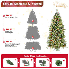 6ft Pre-Lit Artificial Christmas Tree with 380 Warm White LED Lights, 1264 Tips, Frosted Greenery with Red Berries & Natural Pinecones, Full Holiday Tree with Sturdy Metal Stand for Indoor Decoration