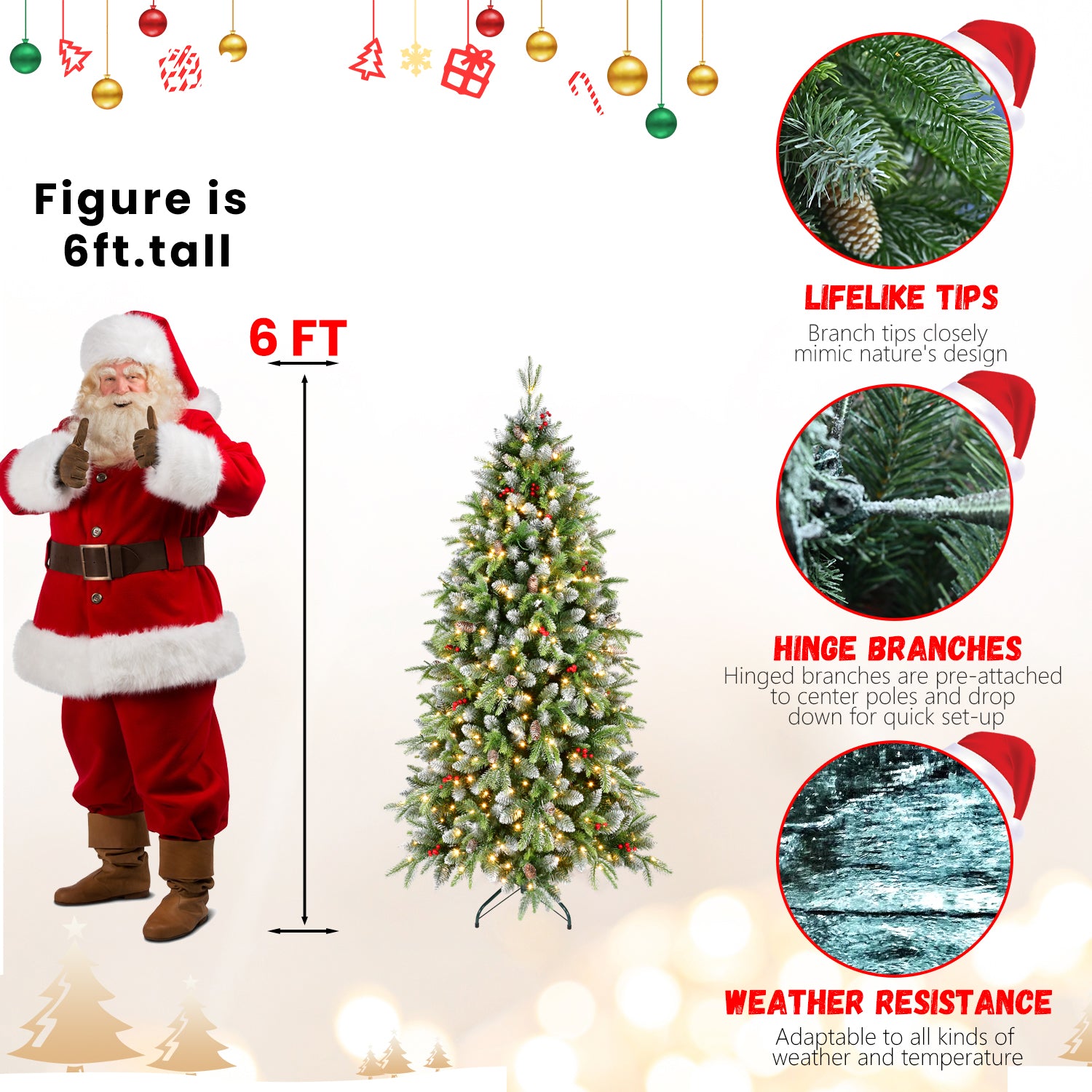 6ft Pre-Lit Artificial Christmas Tree with 380 Warm White LED Lights, 1264 Tips, Frosted Greenery with Red Berries & Natural Pinecones, Full Holiday Tree with Sturdy Metal Stand for Indoor Decoration