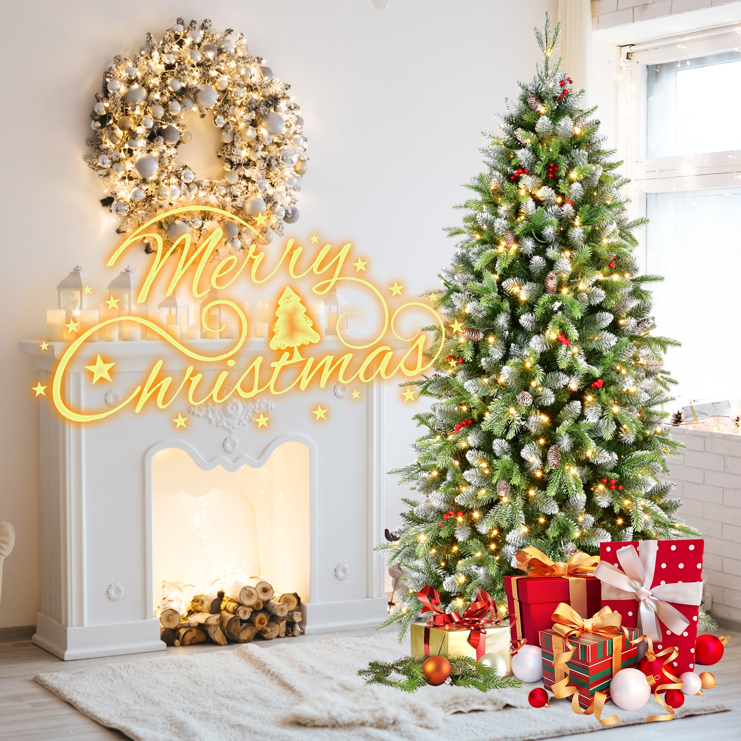 6ft Pre-Lit Artificial Christmas Tree with 380 Warm White LED Lights, 1264 Tips, Frosted Greenery with Red Berries & Natural Pinecones, Full Holiday Tree with Sturdy Metal Stand for Indoor Decoration