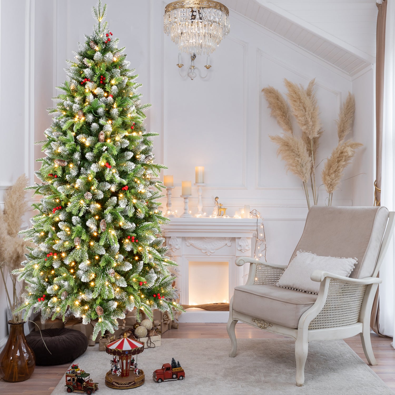 6ft Pre-Lit Artificial Christmas Tree with 380 Warm White LED Lights, 1264 Tips, Frosted Greenery with Red Berries & Natural Pinecones, Full Holiday Tree with Sturdy Metal Stand for Indoor Decoration