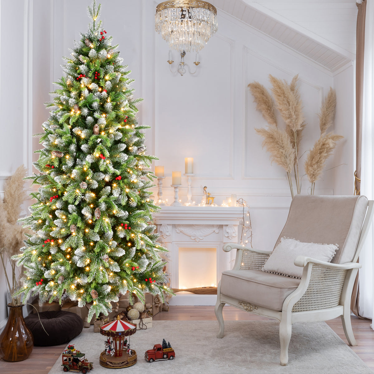 6ft Pre-Lit Artificial Christmas Tree with 380 Warm White LED Lights, 1264 Tips, Frosted Greenery with Red Berries & Natural Pinecones, Full Holiday Tree with Sturdy Metal Stand for Indoor Decoration