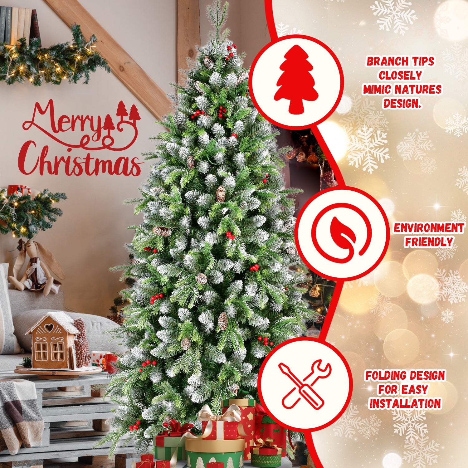 6ft Pre-Lit Artificial Christmas Tree with 380 Warm White LED Lights, 1264 Tips, Frosted Greenery with Red Berries & Natural Pinecones, Full Holiday Tree with Sturdy Metal Stand for Indoor Decoration