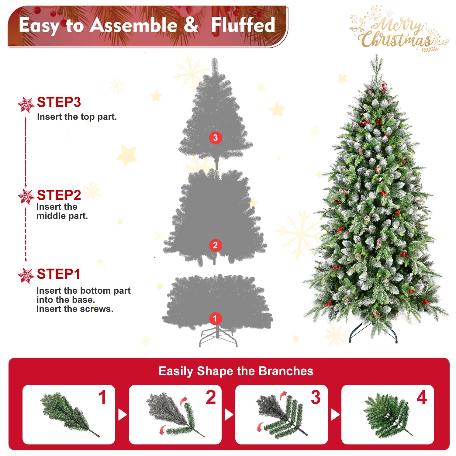 6ft Pre-Lit Artificial Christmas Tree with 380 Warm White LED Lights, 1264 Tips, Frosted Greenery with Red Berries & Natural Pinecones, Full Holiday Tree with Sturdy Metal Stand for Indoor Decoration