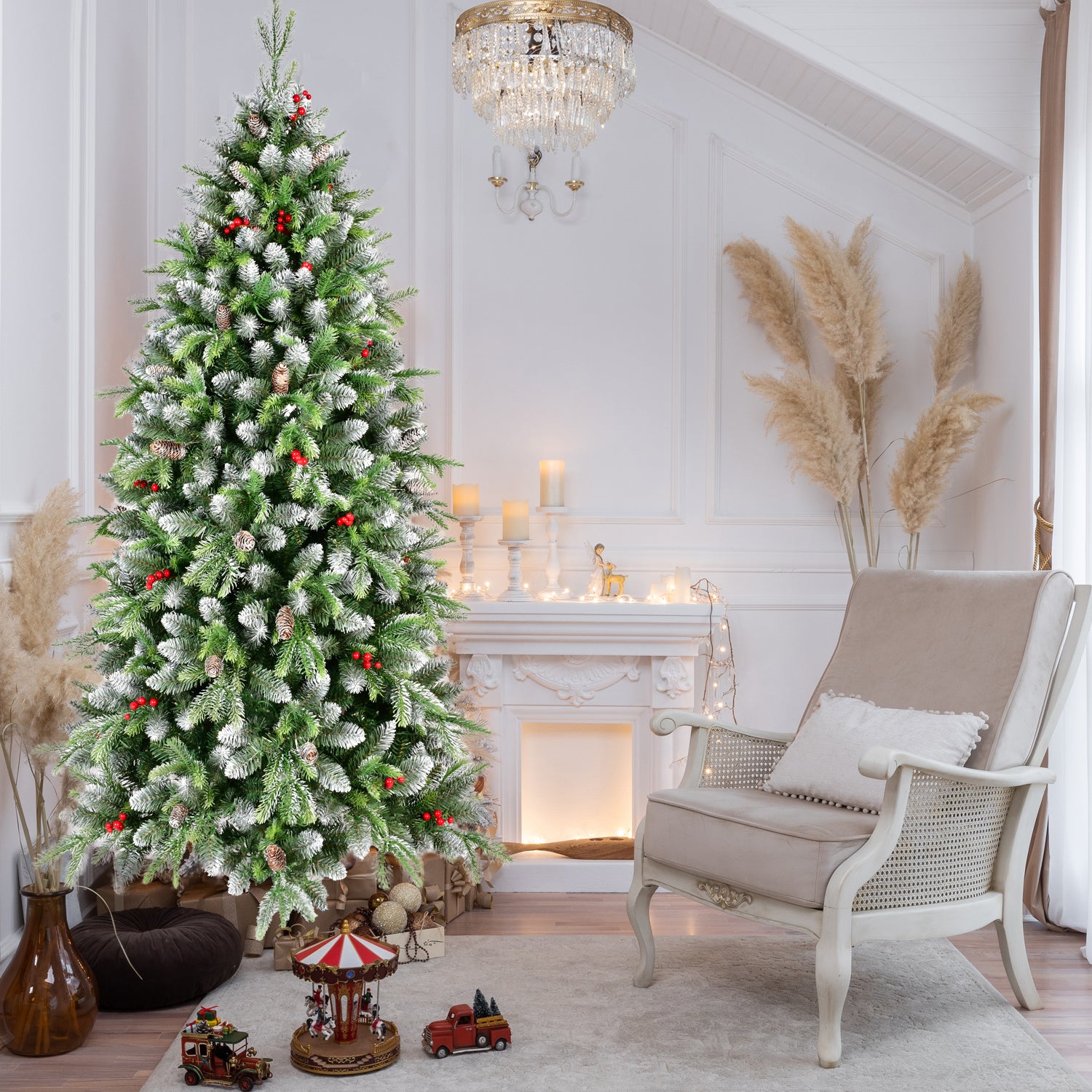 6ft Pre-Lit Artificial Christmas Tree with 380 Warm White LED Lights, 1264 Tips, Frosted Greenery with Red Berries & Natural Pinecones, Full Holiday Tree with Sturdy Metal Stand for Indoor Decoration