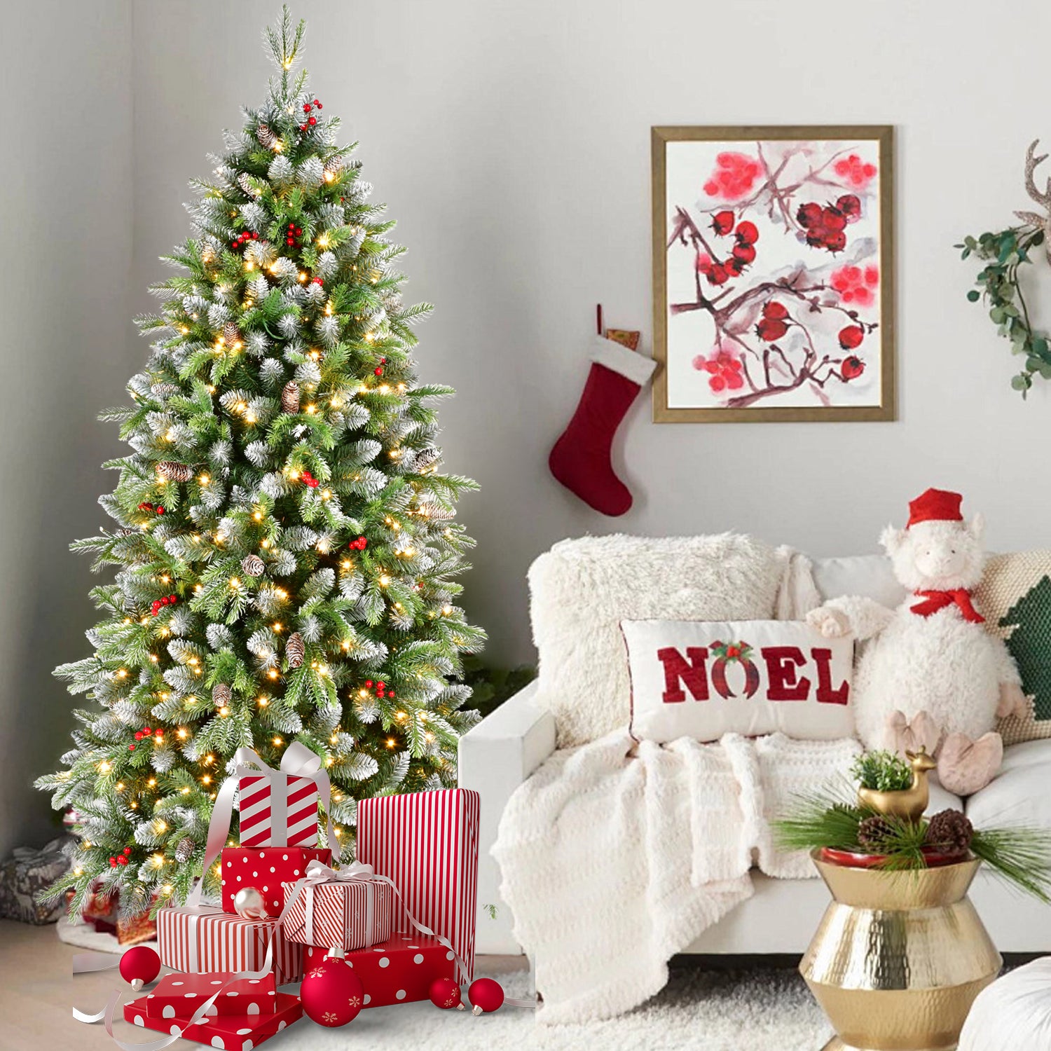 6ft Pre-Lit Artificial Christmas Tree with 380 Warm White LED Lights, 1264 Tips, Frosted Greenery with Red Berries & Natural Pinecones, Full Holiday Tree with Sturdy Metal Stand for Indoor Decoration