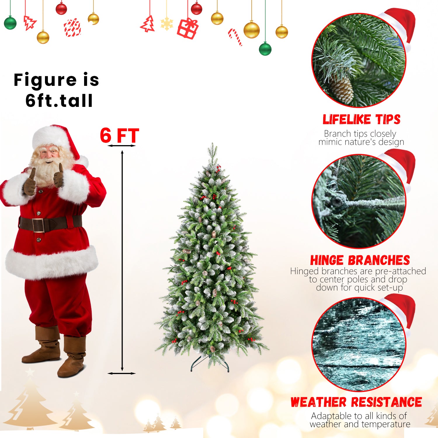 6ft Pre-Lit Artificial Christmas Tree with 380 Warm White LED Lights, 1264 Tips, Frosted Greenery with Red Berries & Natural Pinecones, Full Holiday Tree with Sturdy Metal Stand for Indoor Decoration