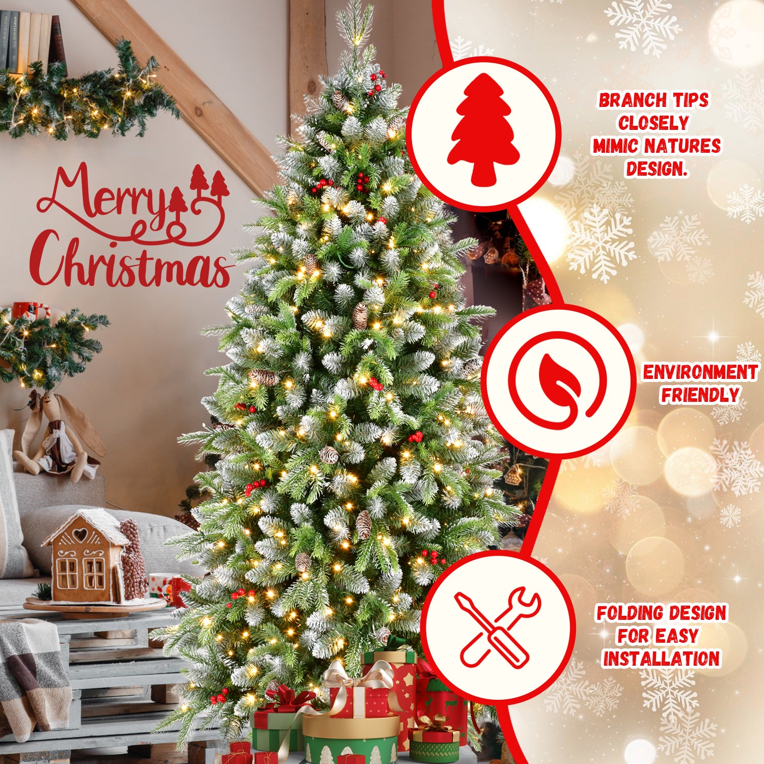 6ft Pre-Lit Artificial Christmas Tree with 380 Warm White LED Lights, 1264 Tips, Frosted Greenery with Red Berries & Natural Pinecones, Full Holiday Tree with Sturdy Metal Stand for Indoor Decoration